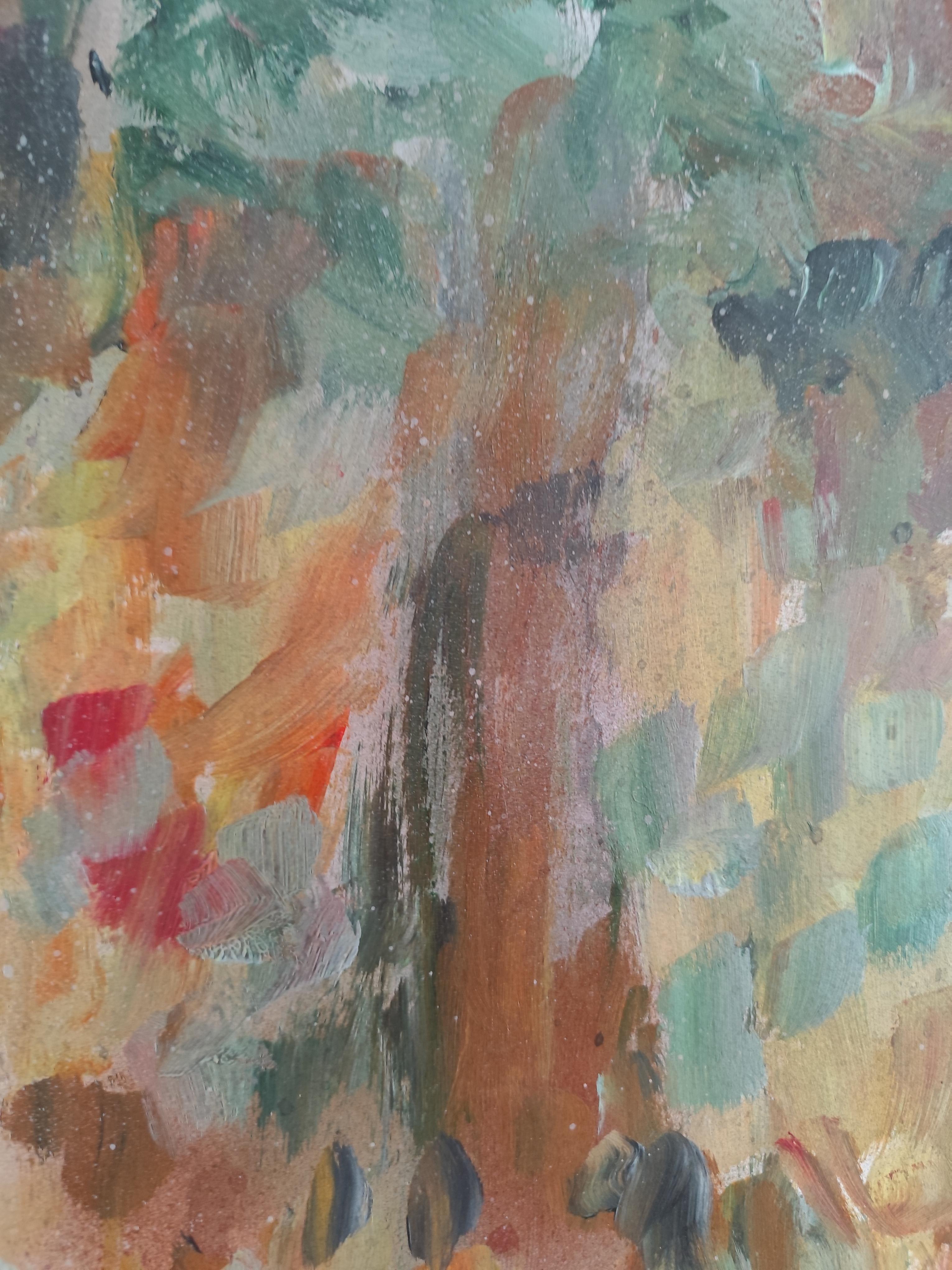 Pintura acrílica sobre papel abstracta impresionista de la naturaleza del bosque 