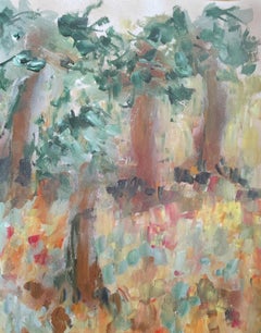 Peinture acrylique sur papier « Dance of trees » (Dance d'arbres) impressionniste abstraite nature forestière