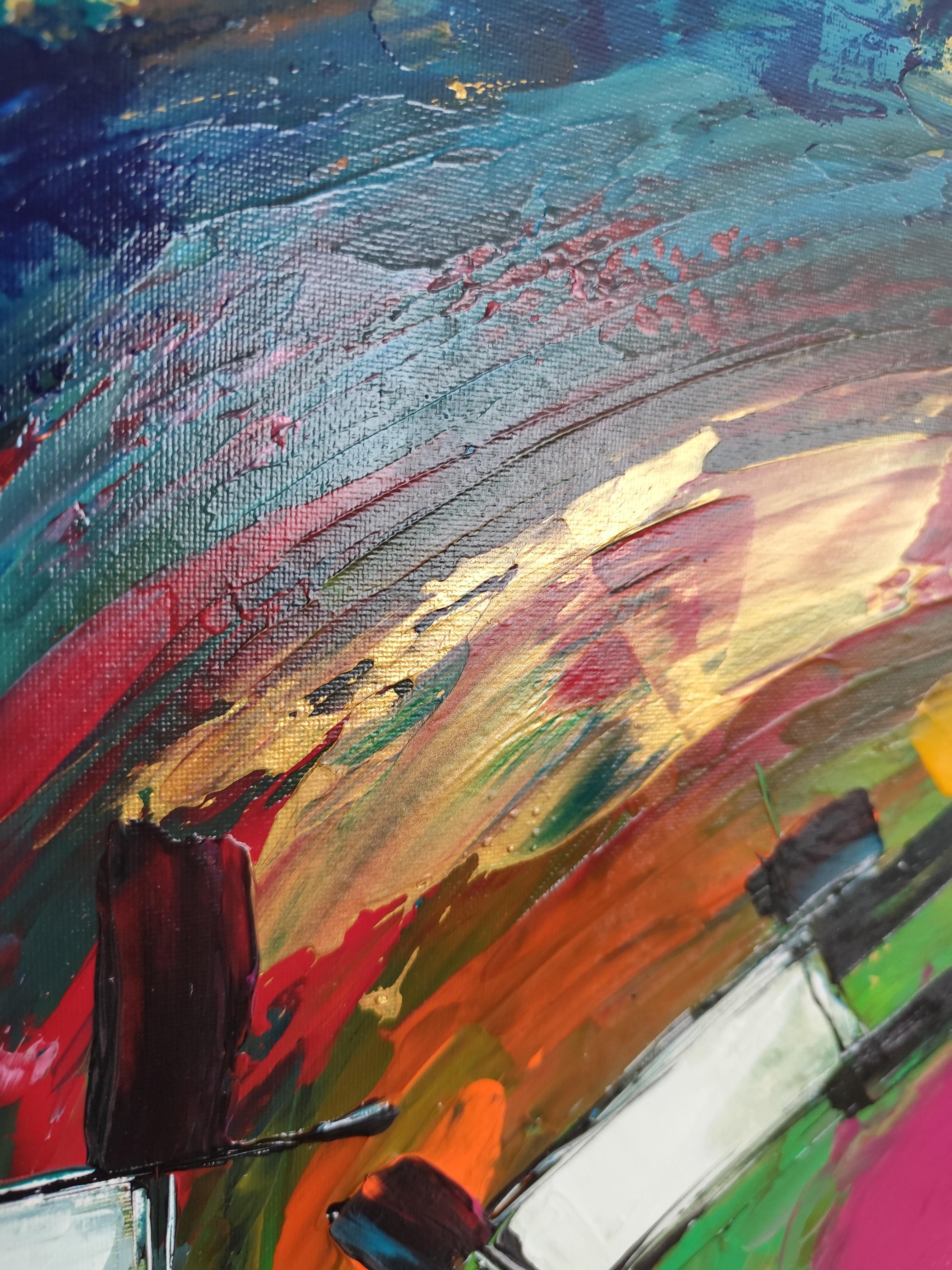 Pintura acrílica abstracta expresiva contemporánea de gran tamaño sobre lienzo 