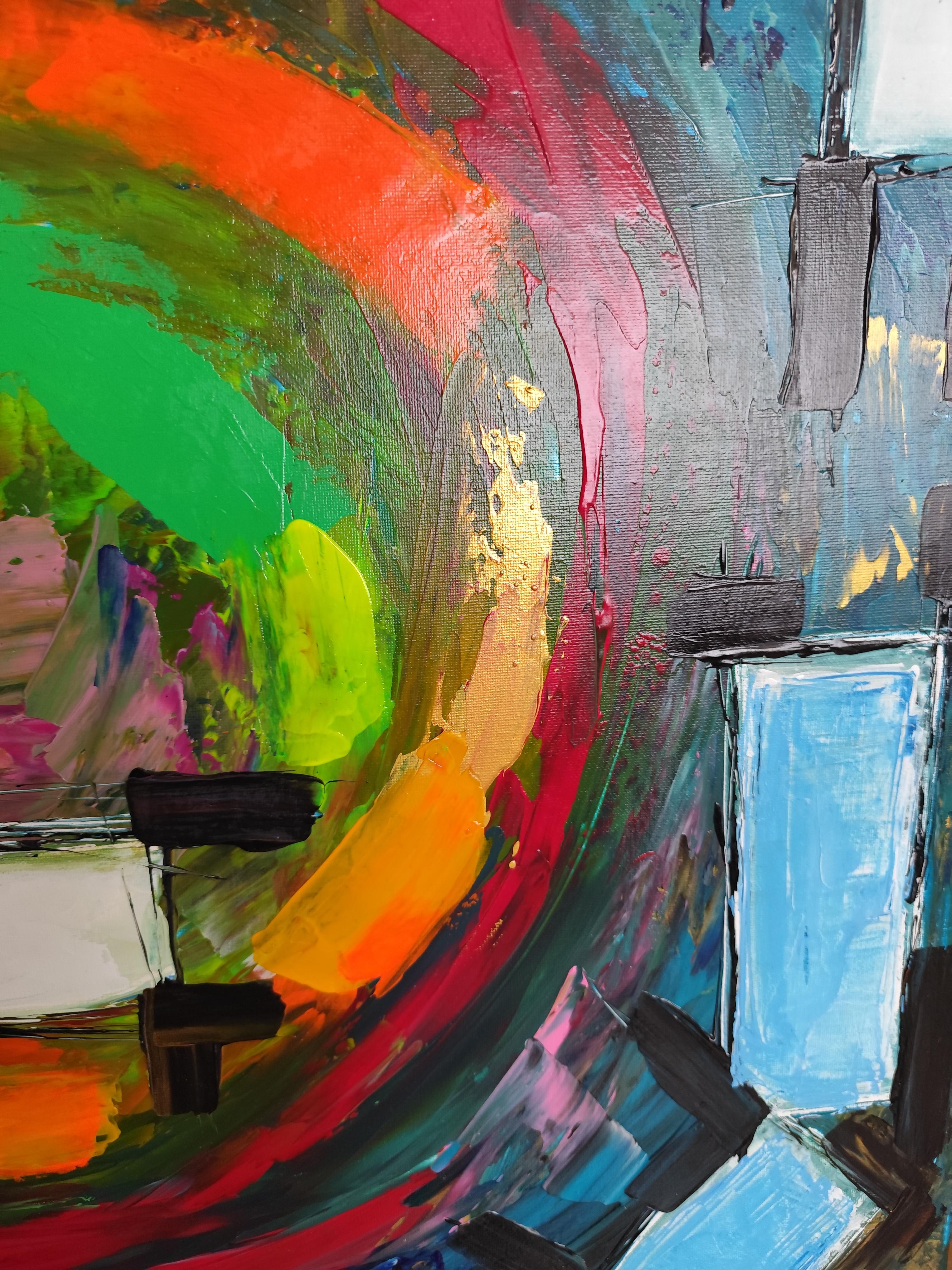Pintura acrílica abstracta expresiva contemporánea de gran tamaño sobre lienzo 