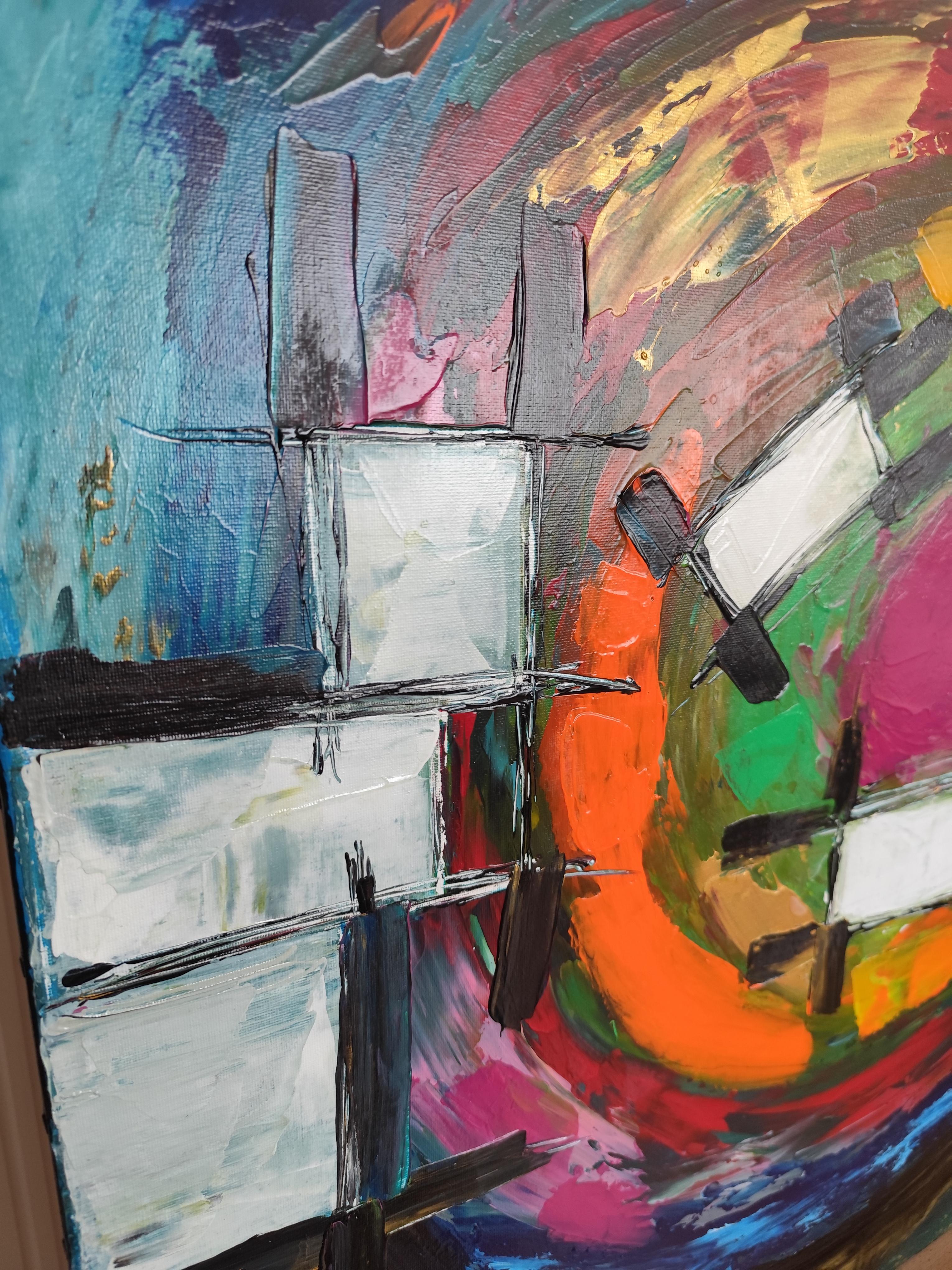 Pintura acrílica abstracta expresiva contemporánea de gran tamaño sobre lienzo 