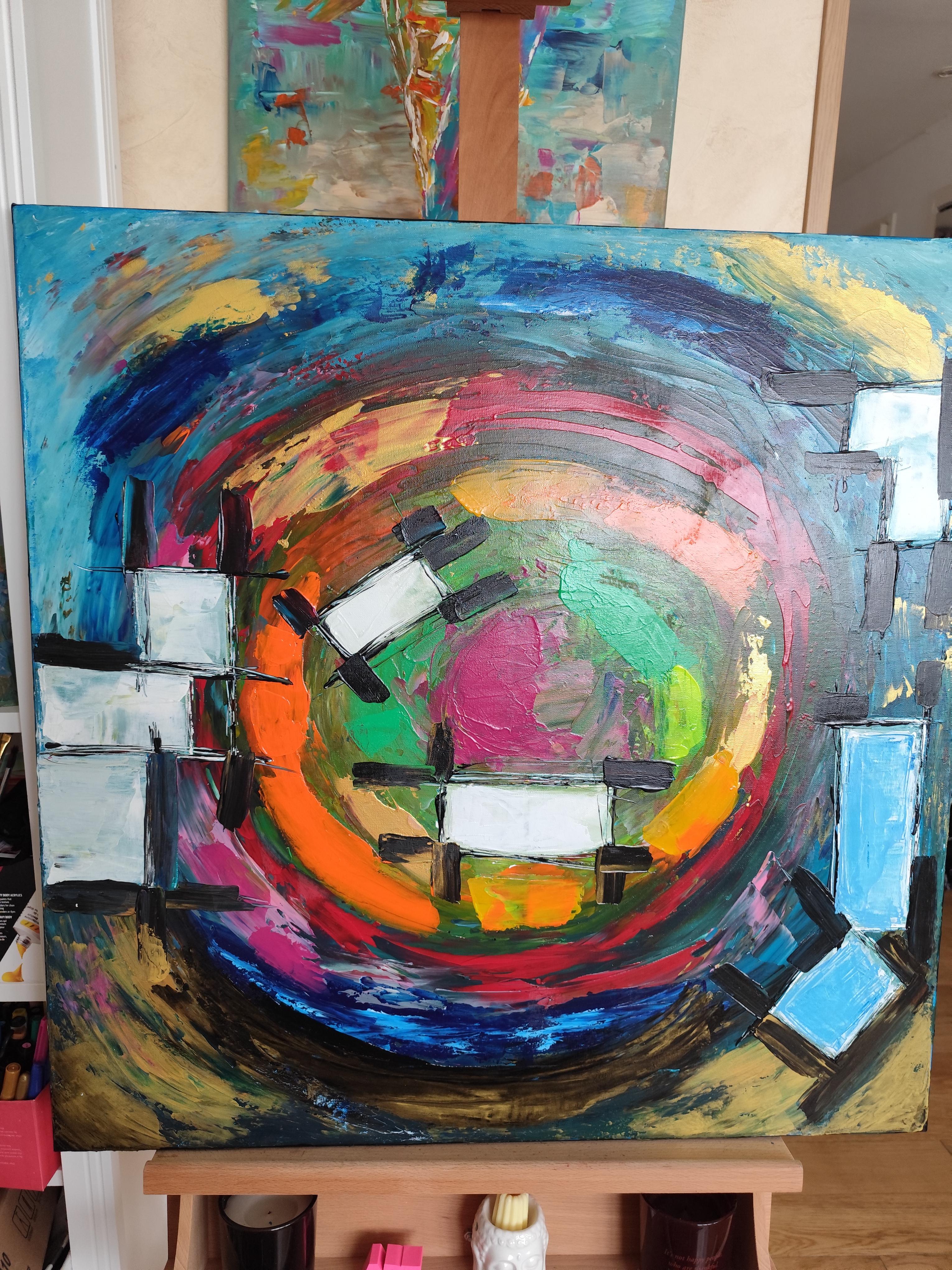 Pintura acrílica abstracta expresiva contemporánea de gran tamaño sobre lienzo 
