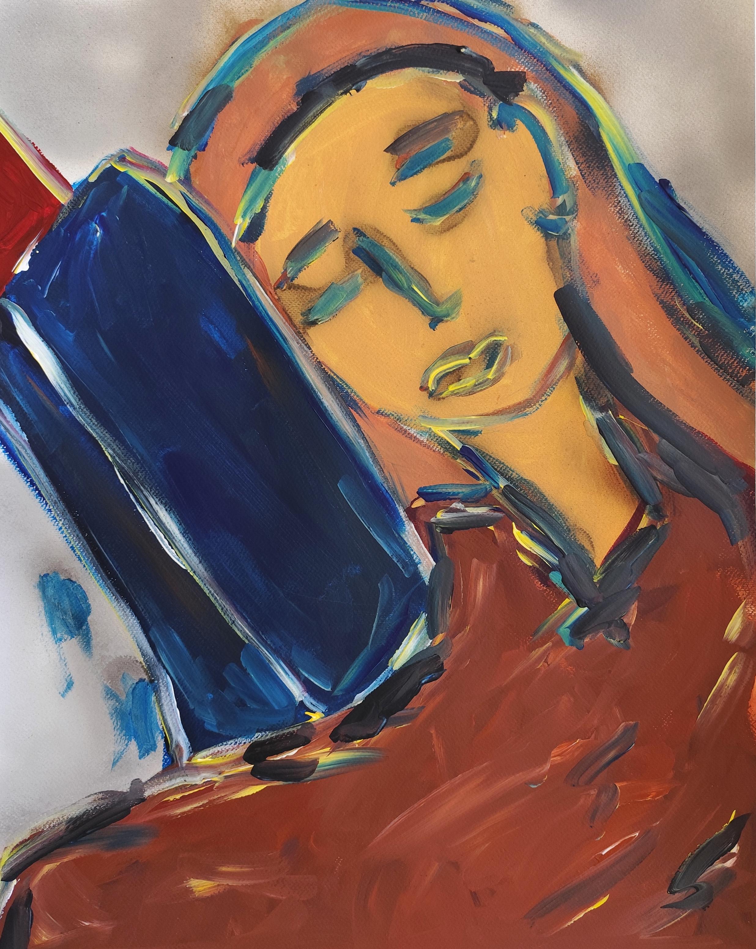 Mougenot Natalya Figurative Painting - "Dream within" Contemporary figurative woman portrait acrylic painting on paper