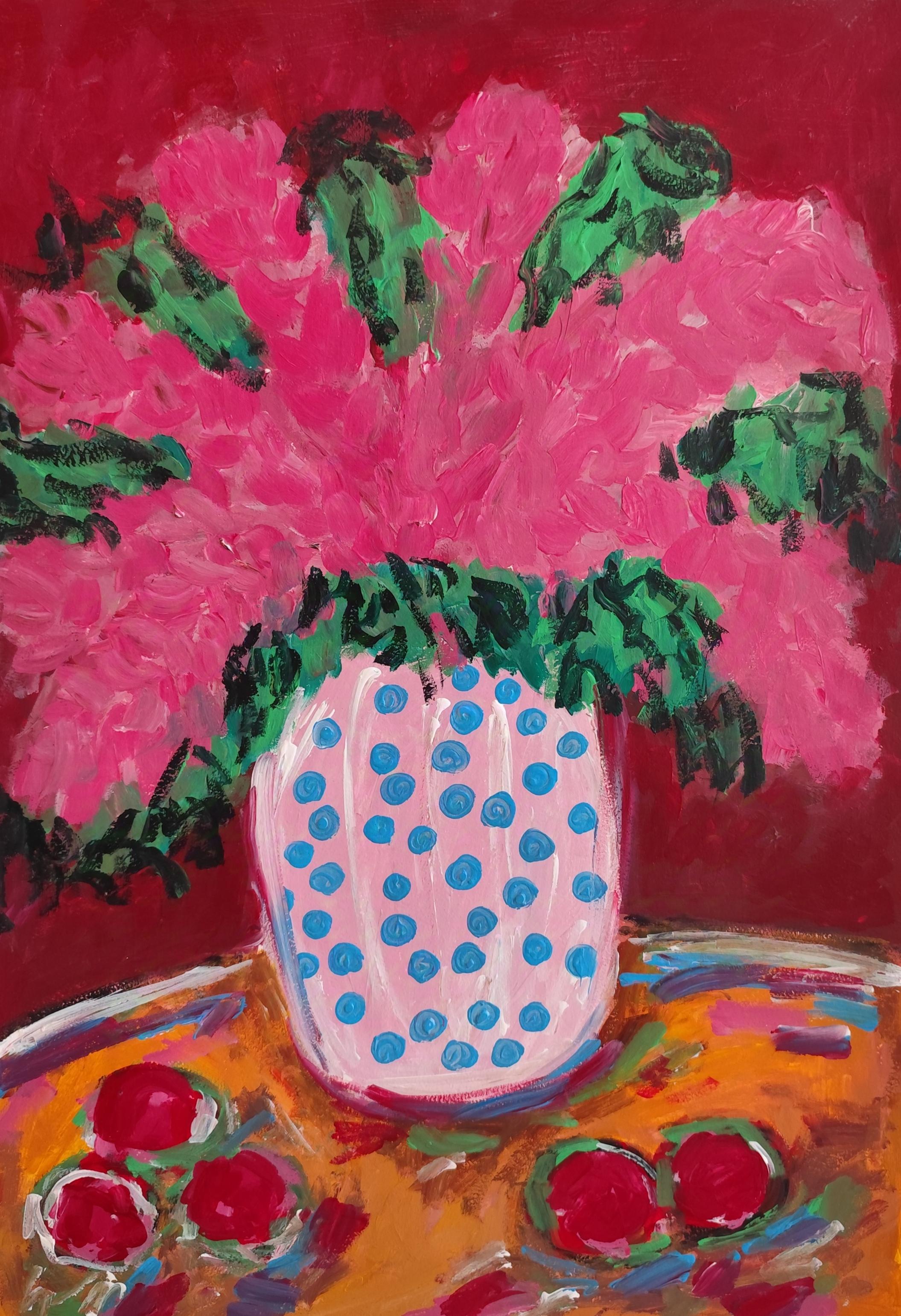 Figurative Painting de Mougenot Natalya - Flores expresivas abstractas impresionistas sobre papel "Disfrutando de mi mañana de verano"