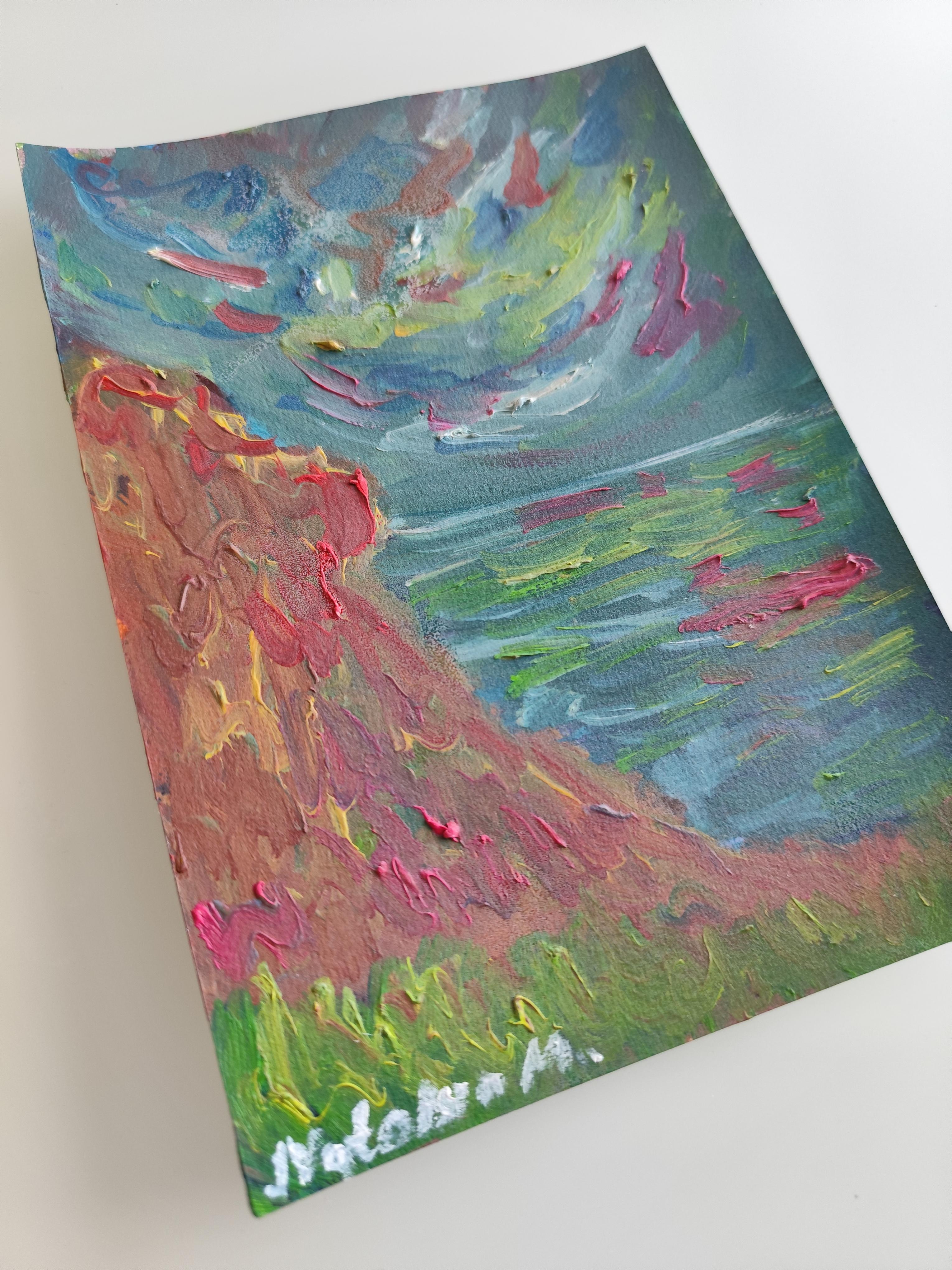 Pequeño cuadro contemporáneo al óleo impresionista abstracto al borde del mar sobre papel en venta 6