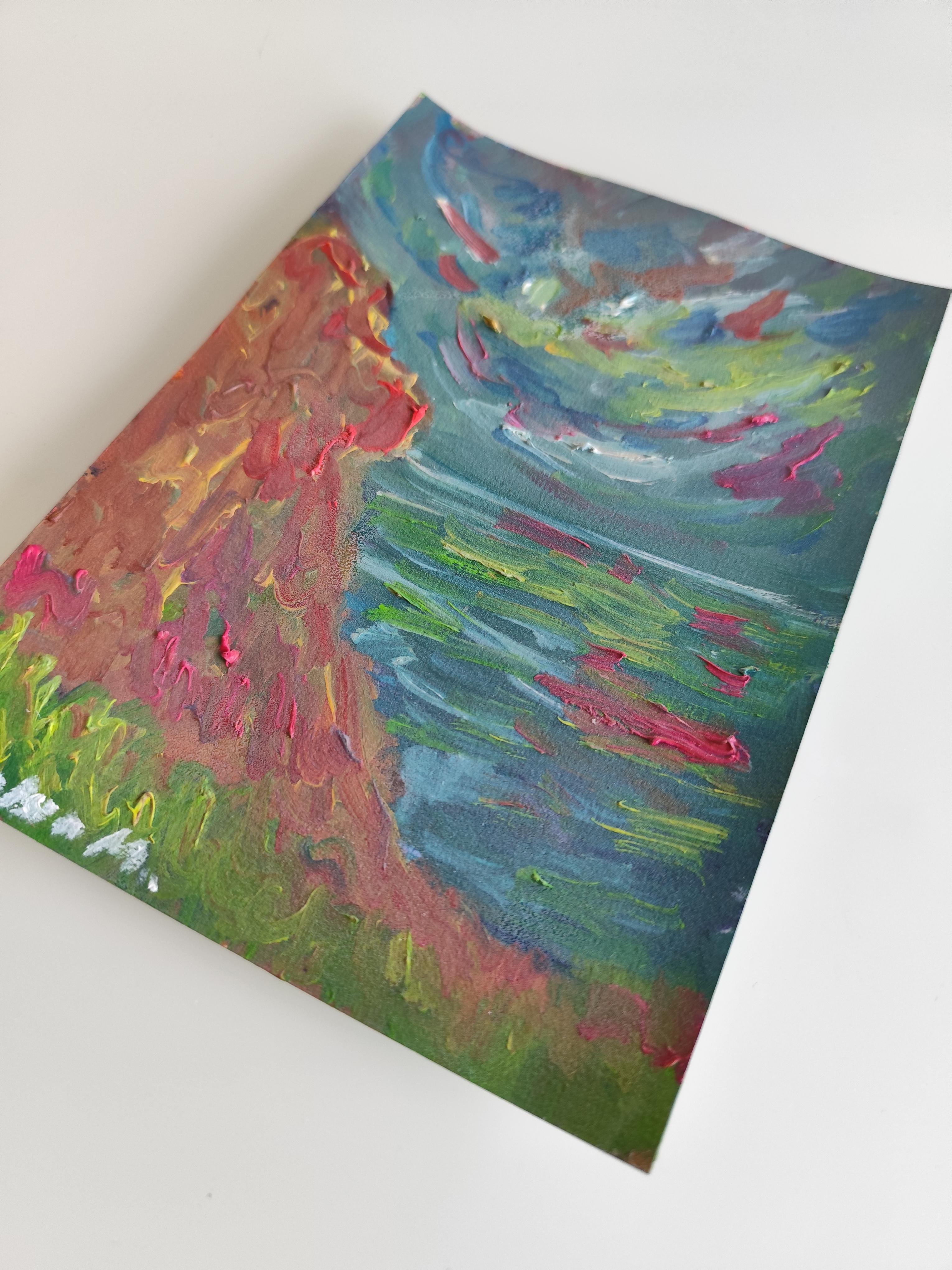 Pequeño cuadro contemporáneo al óleo impresionista abstracto al borde del mar sobre papel en venta 7