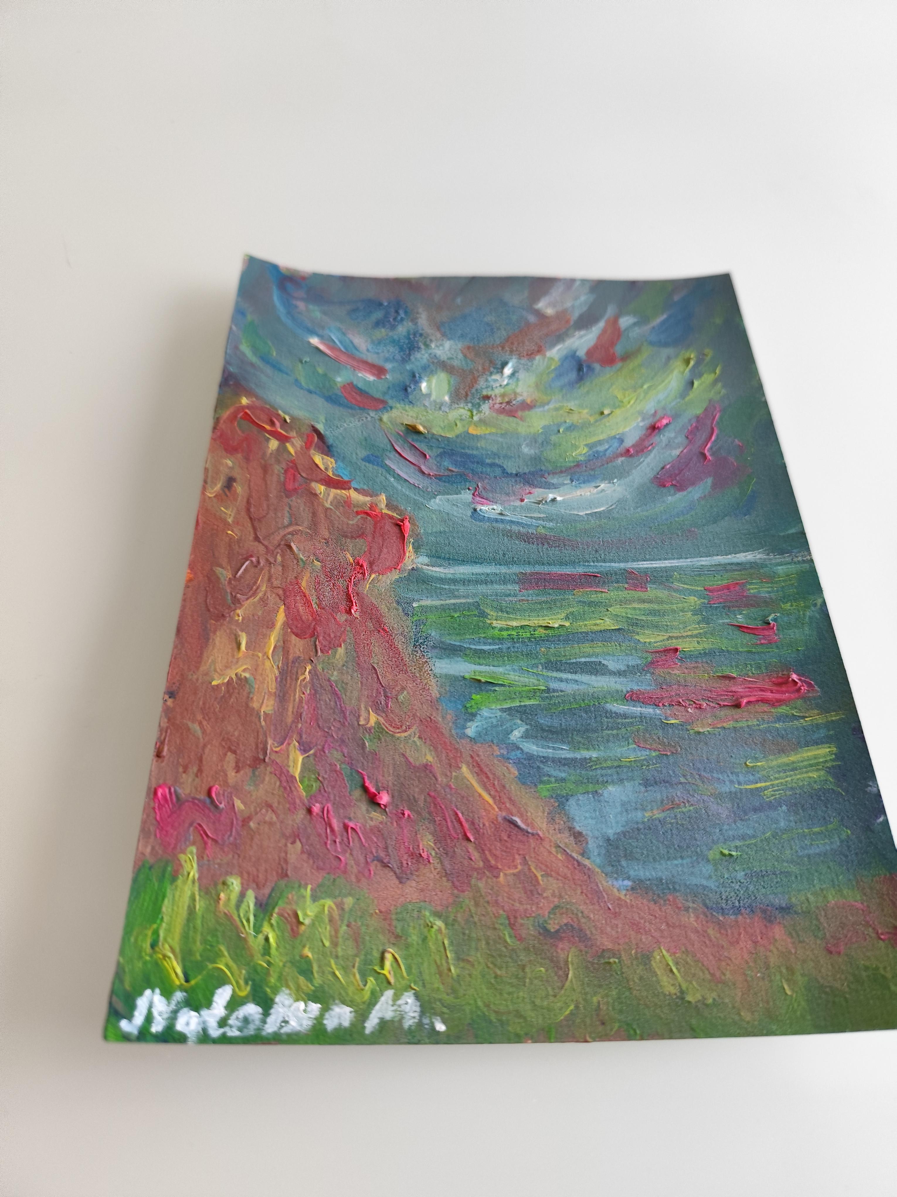 Pequeño cuadro contemporáneo al óleo impresionista abstracto al borde del mar sobre papel en venta 8