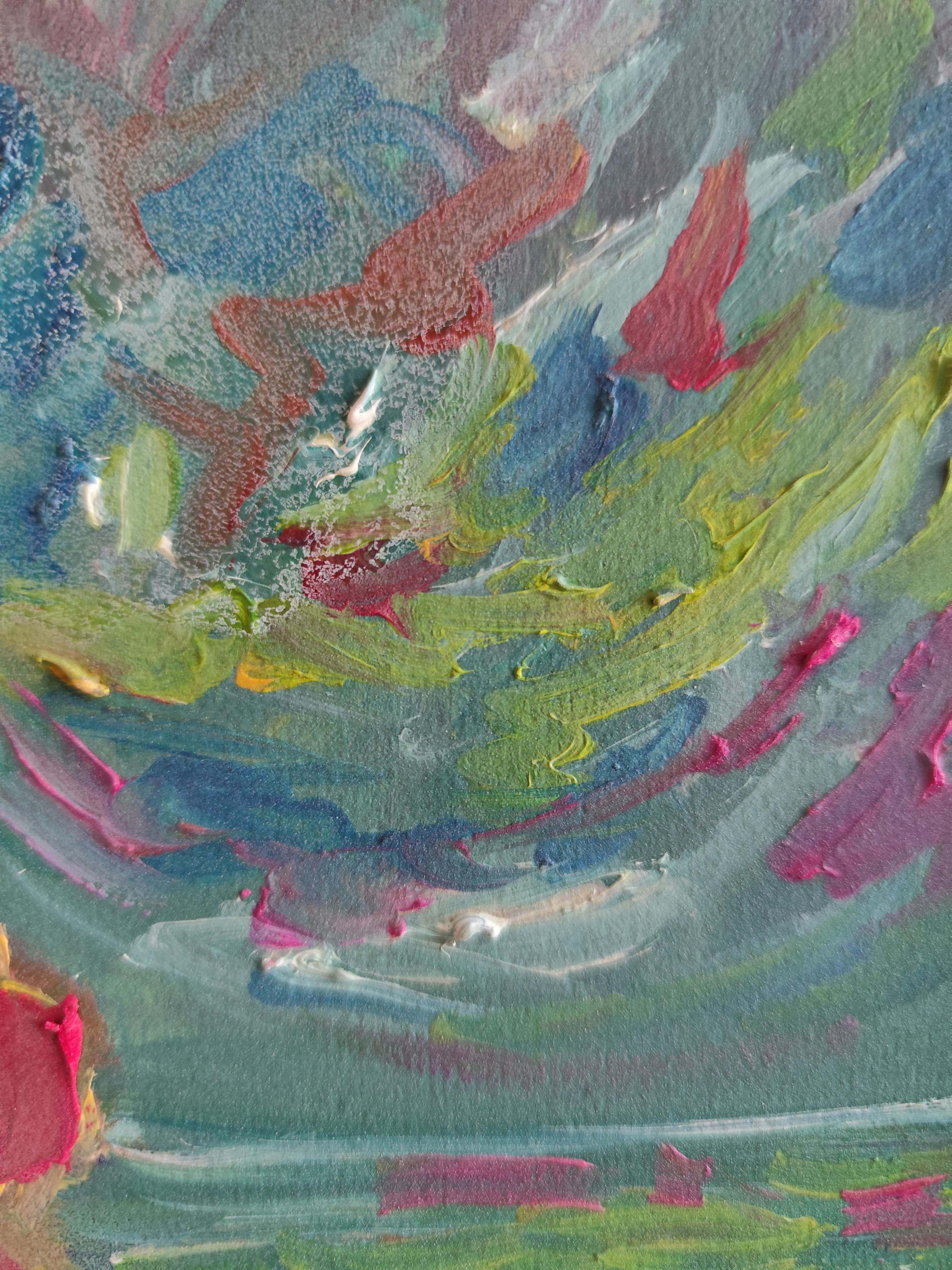 Pequeño cuadro contemporáneo al óleo impresionista abstracto al borde del mar sobre papel en venta 9