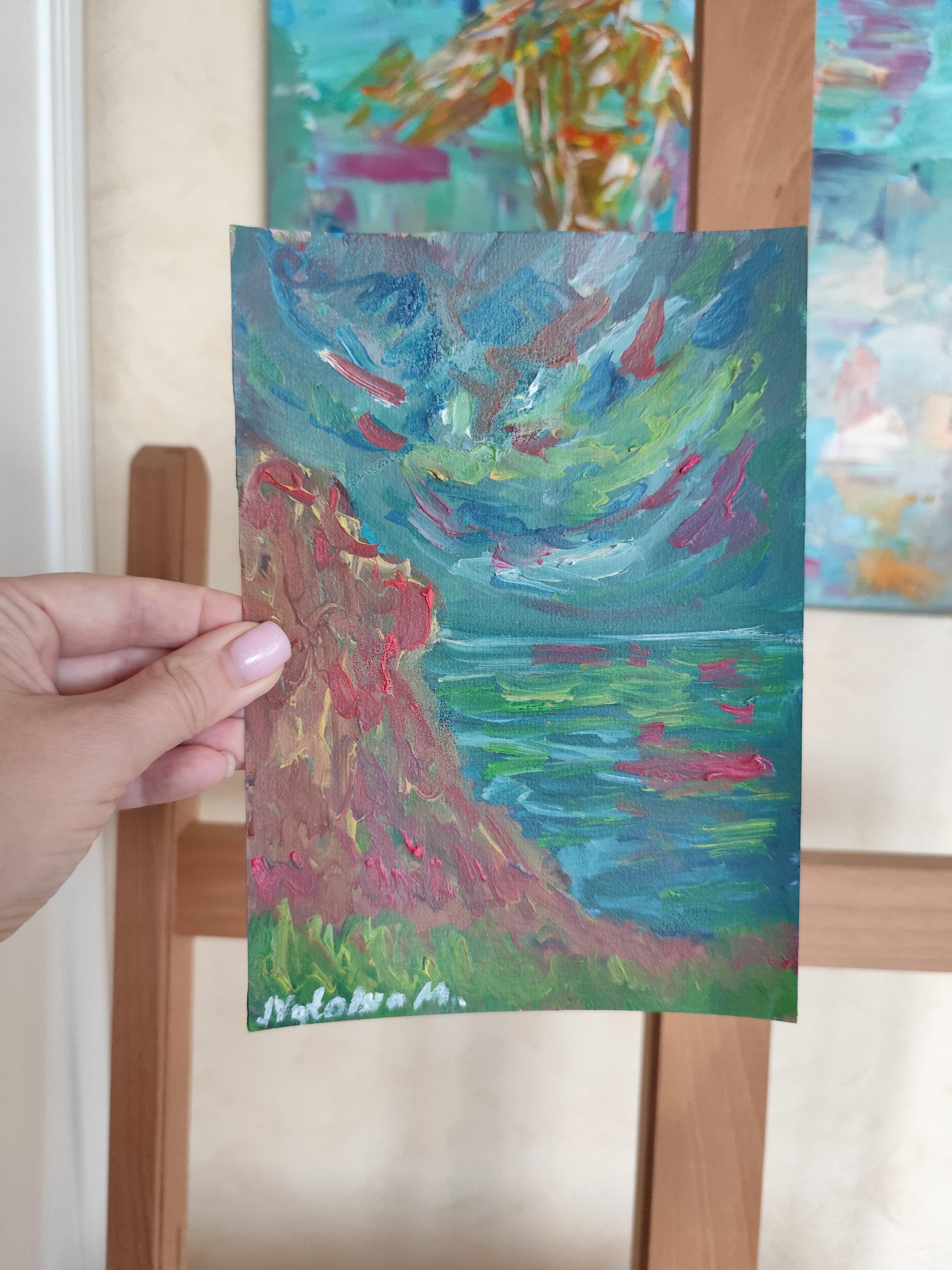 Pequeño cuadro contemporáneo al óleo impresionista abstracto al borde del mar sobre papel en venta 11