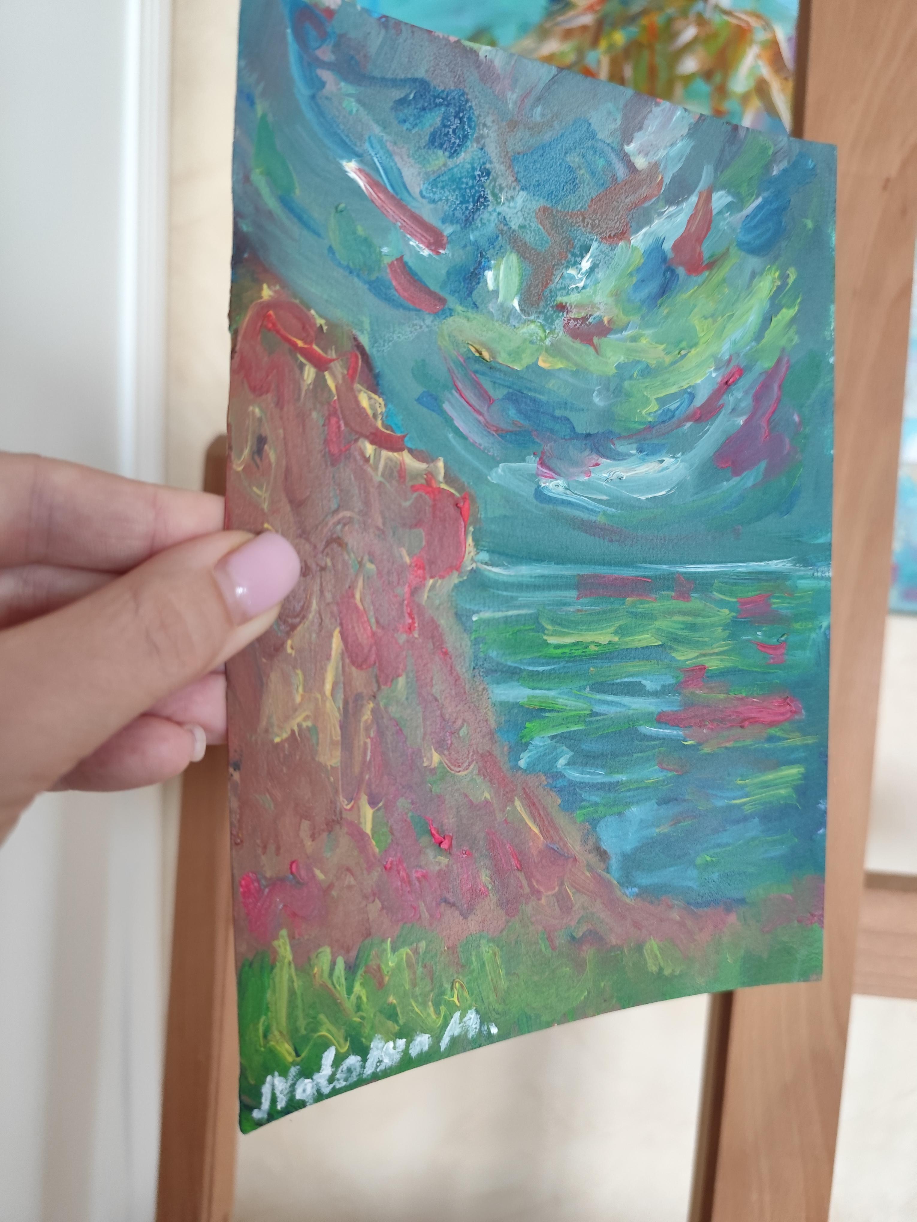 Pequeño cuadro contemporáneo al óleo impresionista abstracto al borde del mar sobre papel en venta 12
