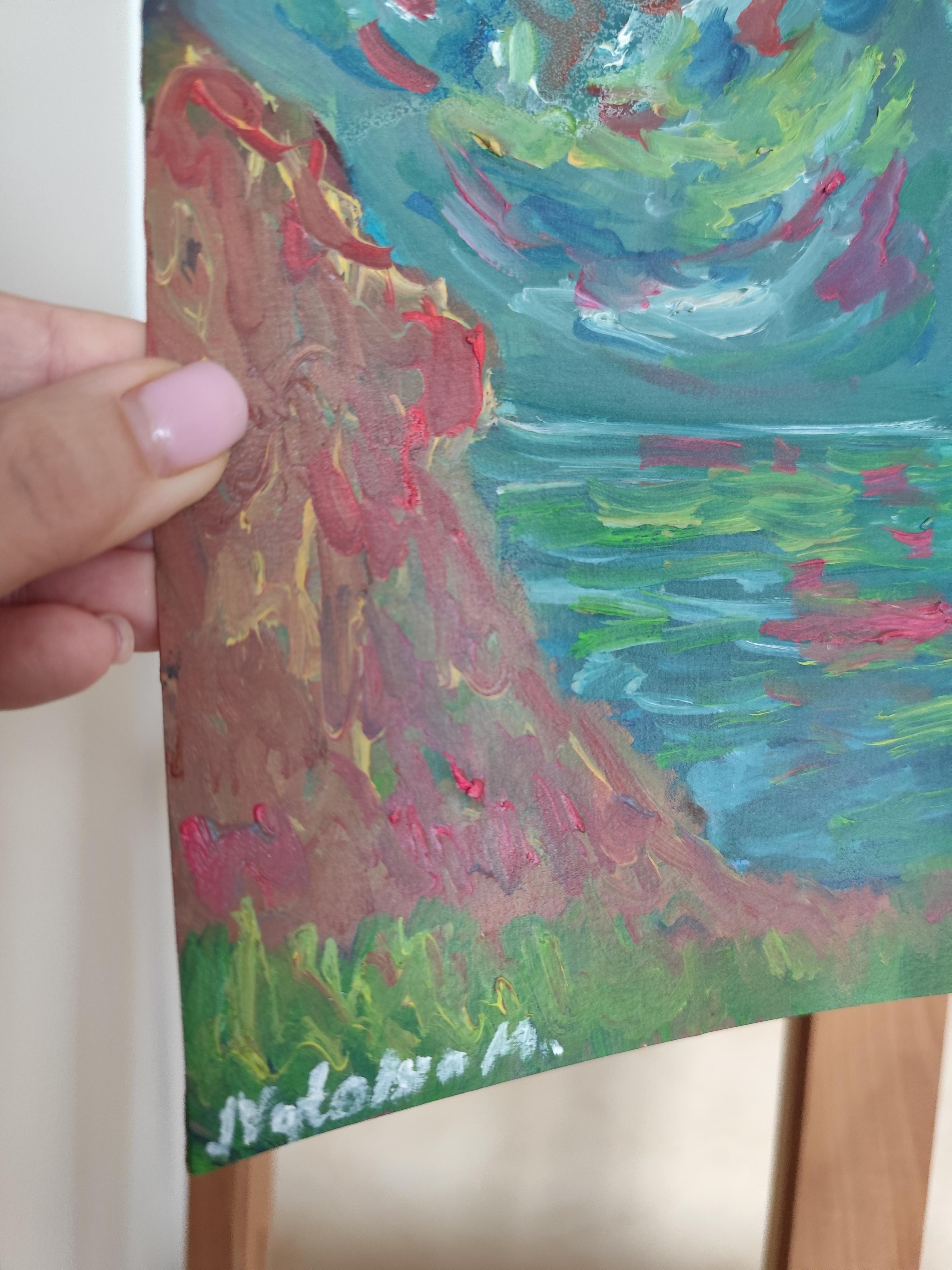 Pequeño cuadro contemporáneo al óleo impresionista abstracto al borde del mar sobre papel en venta 13
