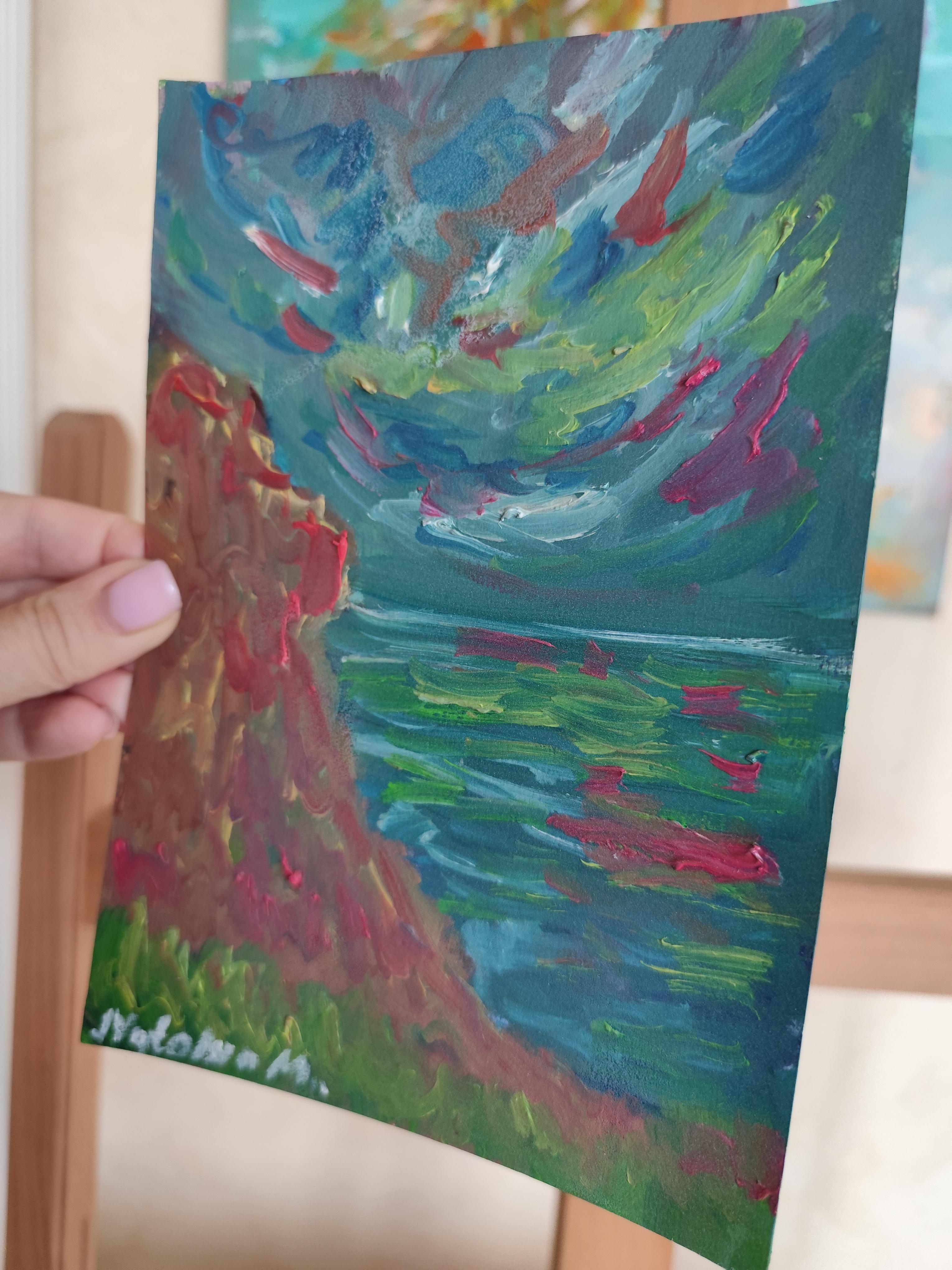 Pequeño cuadro contemporáneo al óleo impresionista abstracto al borde del mar sobre papel en venta 14