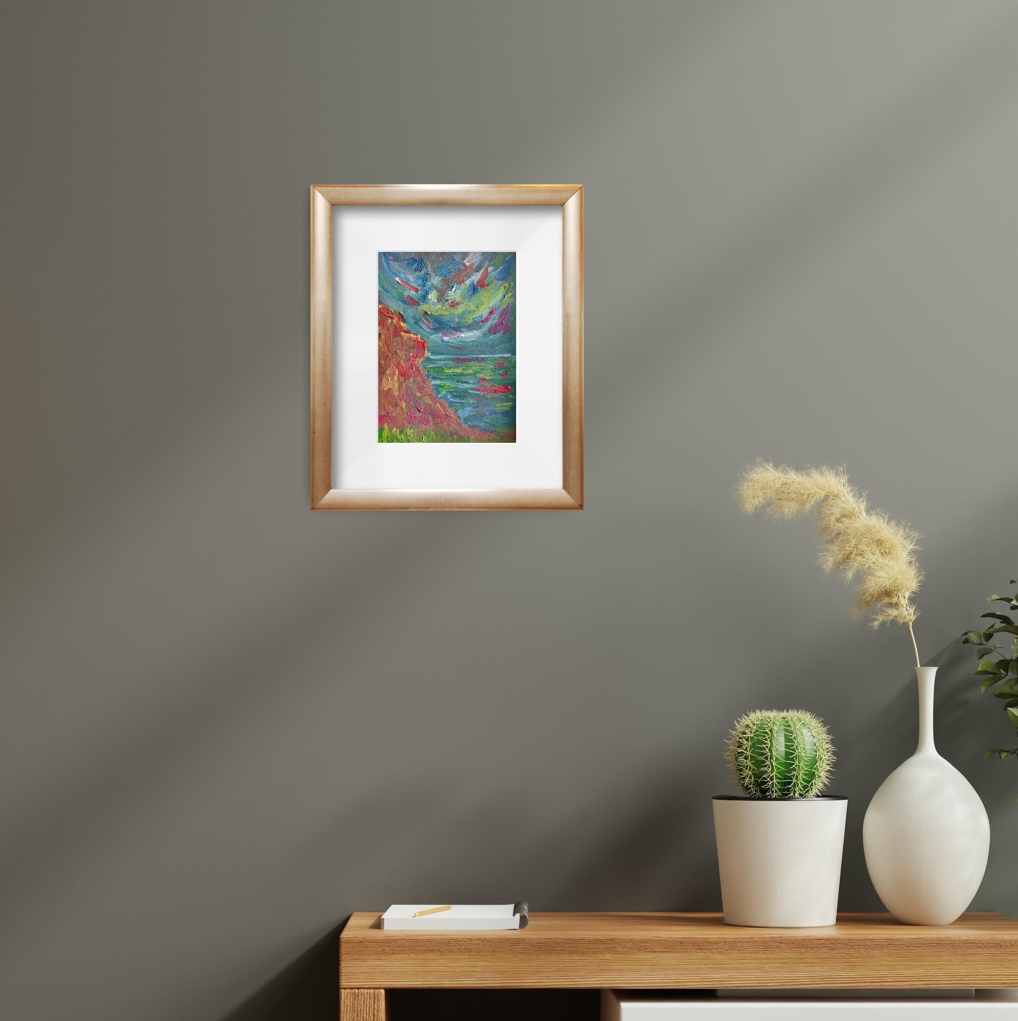 Pequeño cuadro contemporáneo al óleo impresionista abstracto al borde del mar sobre papel - Painting de Mougenot Natalya