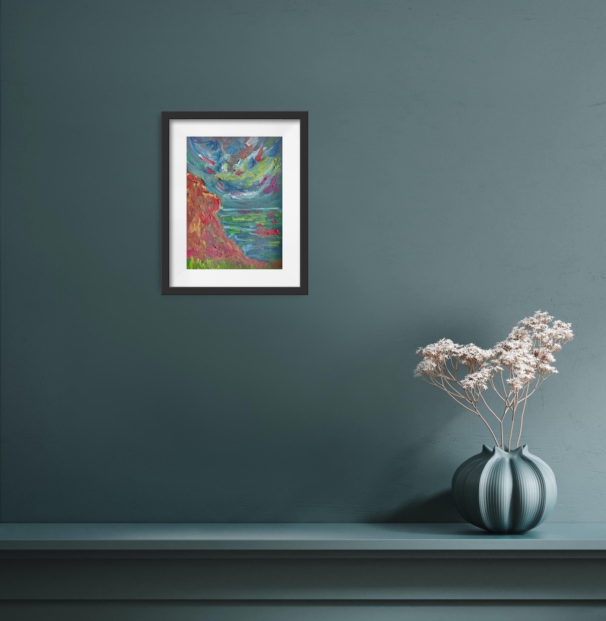 Pequeño cuadro contemporáneo al óleo impresionista abstracto al borde del mar sobre papel - Landscape Painting Gris de Mougenot Natalya