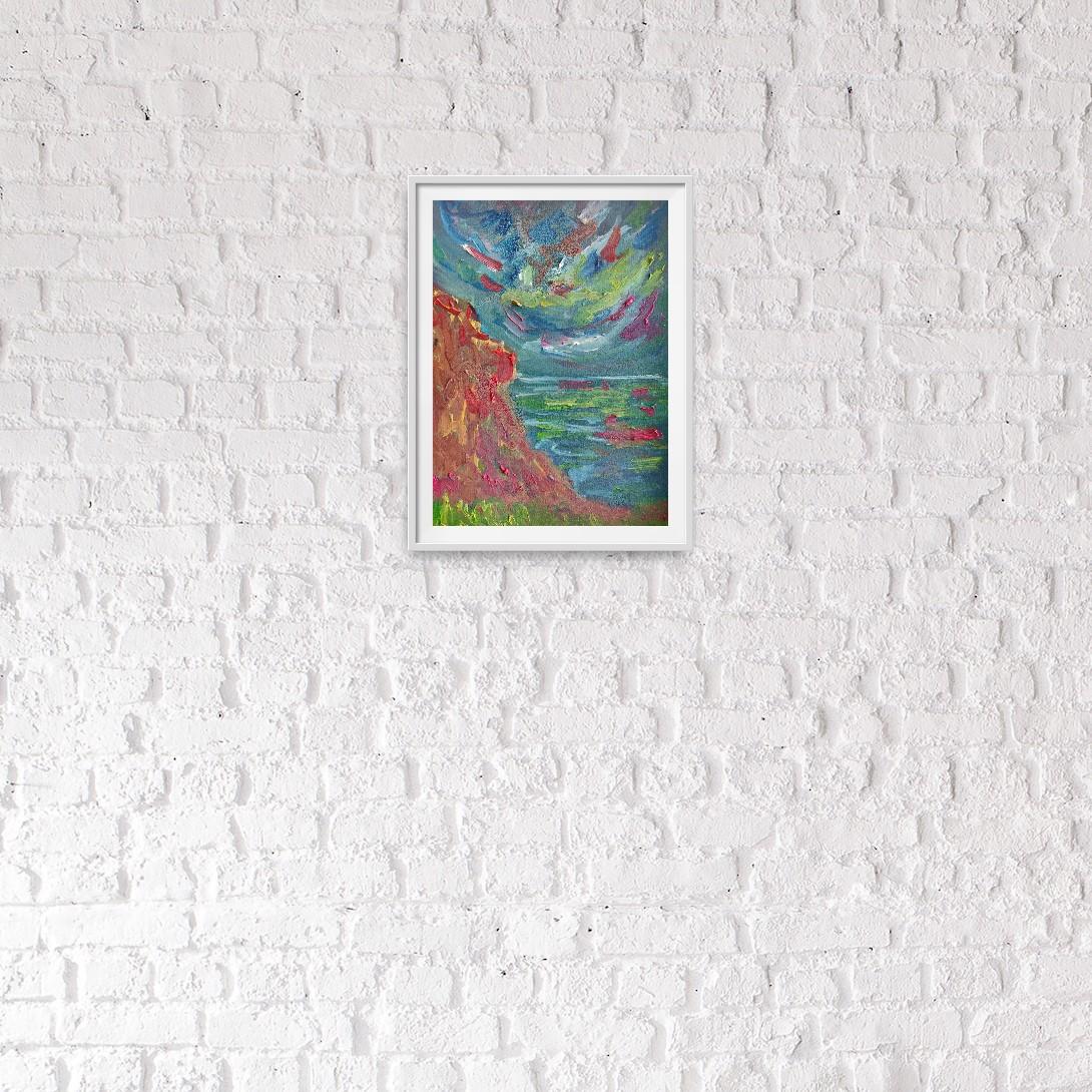 Pequeño cuadro contemporáneo al óleo impresionista abstracto al borde del mar sobre papel en venta 1