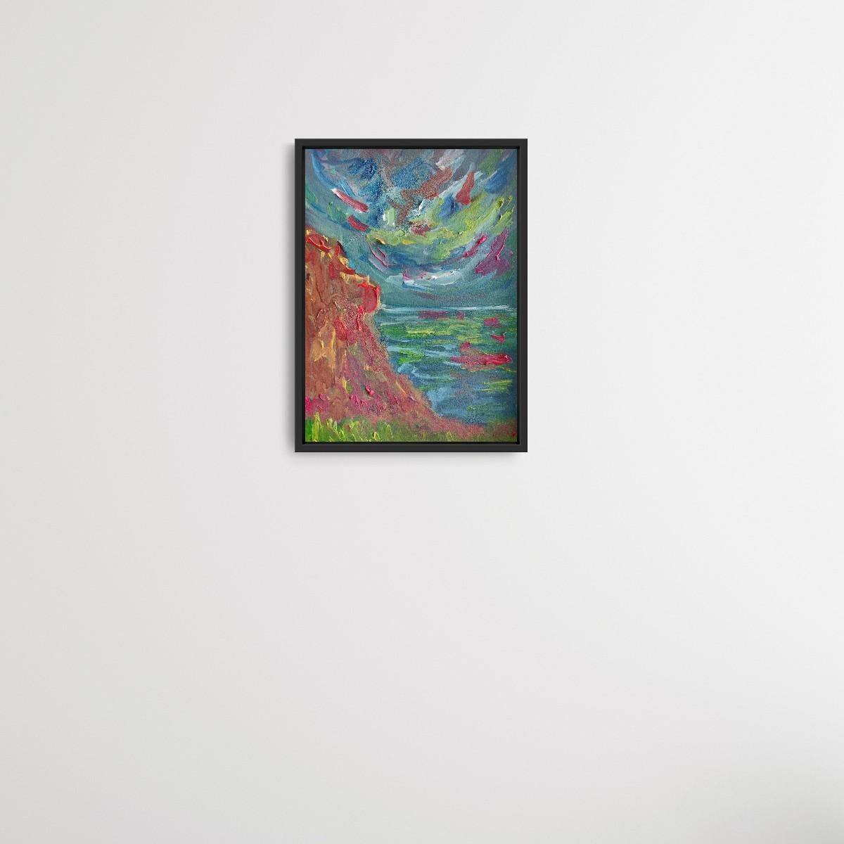 Pequeño cuadro contemporáneo al óleo impresionista abstracto al borde del mar sobre papel en venta 2