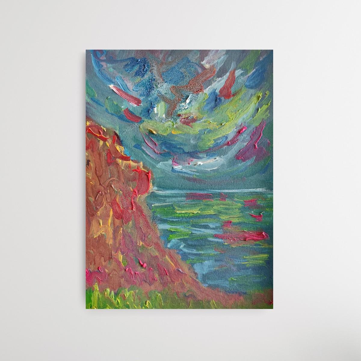 Pequeño cuadro contemporáneo al óleo impresionista abstracto al borde del mar sobre papel en venta 3