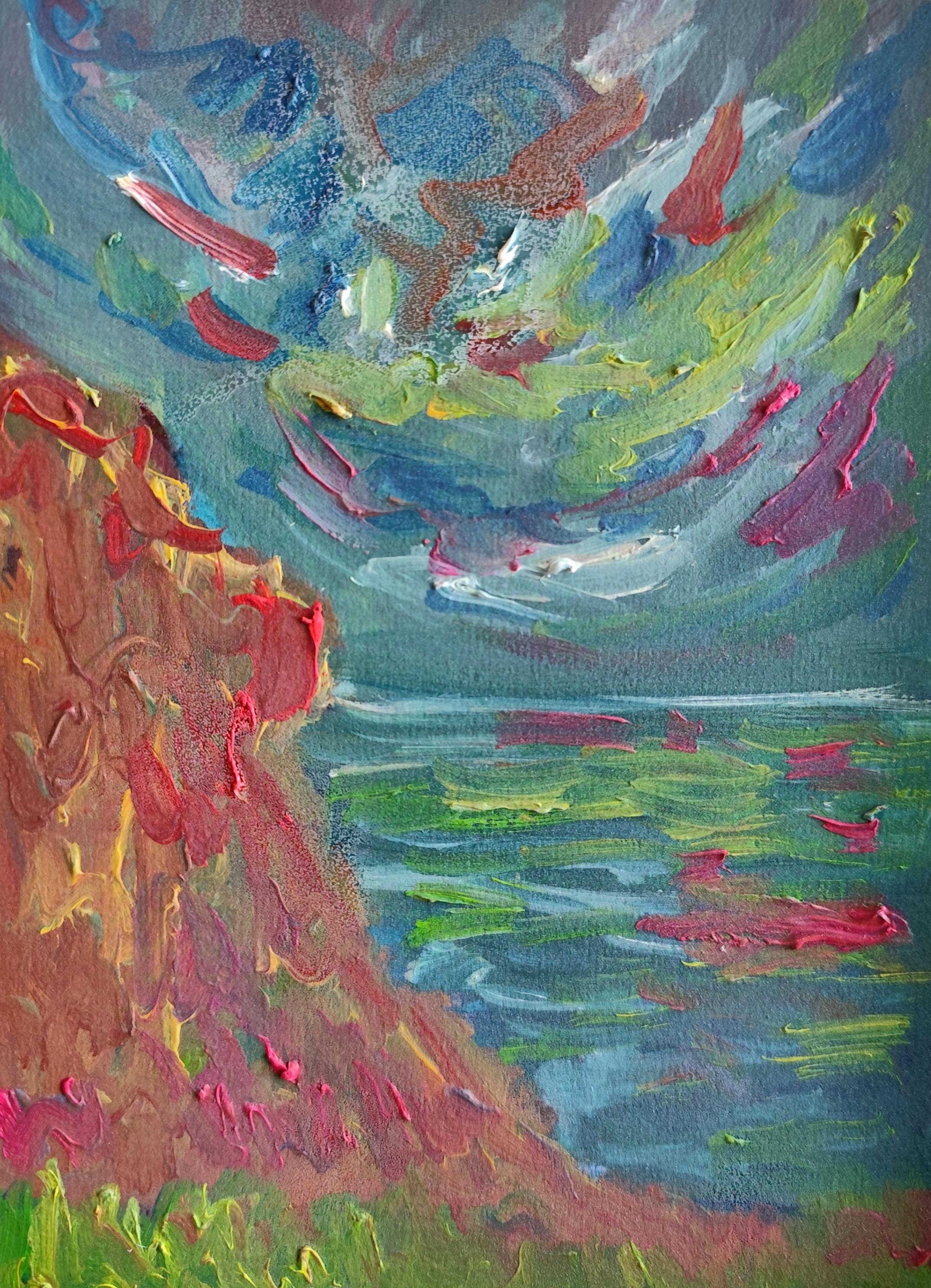 Landscape Painting de Mougenot Natalya - Pequeño cuadro contemporáneo al óleo impresionista abstracto al borde del mar sobre papel