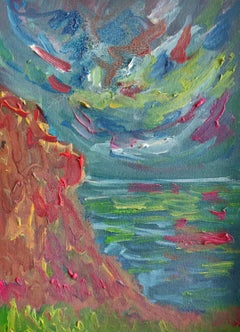 Petite peinture impressionniste contemporaine de bord de mer à l'huile sur papier