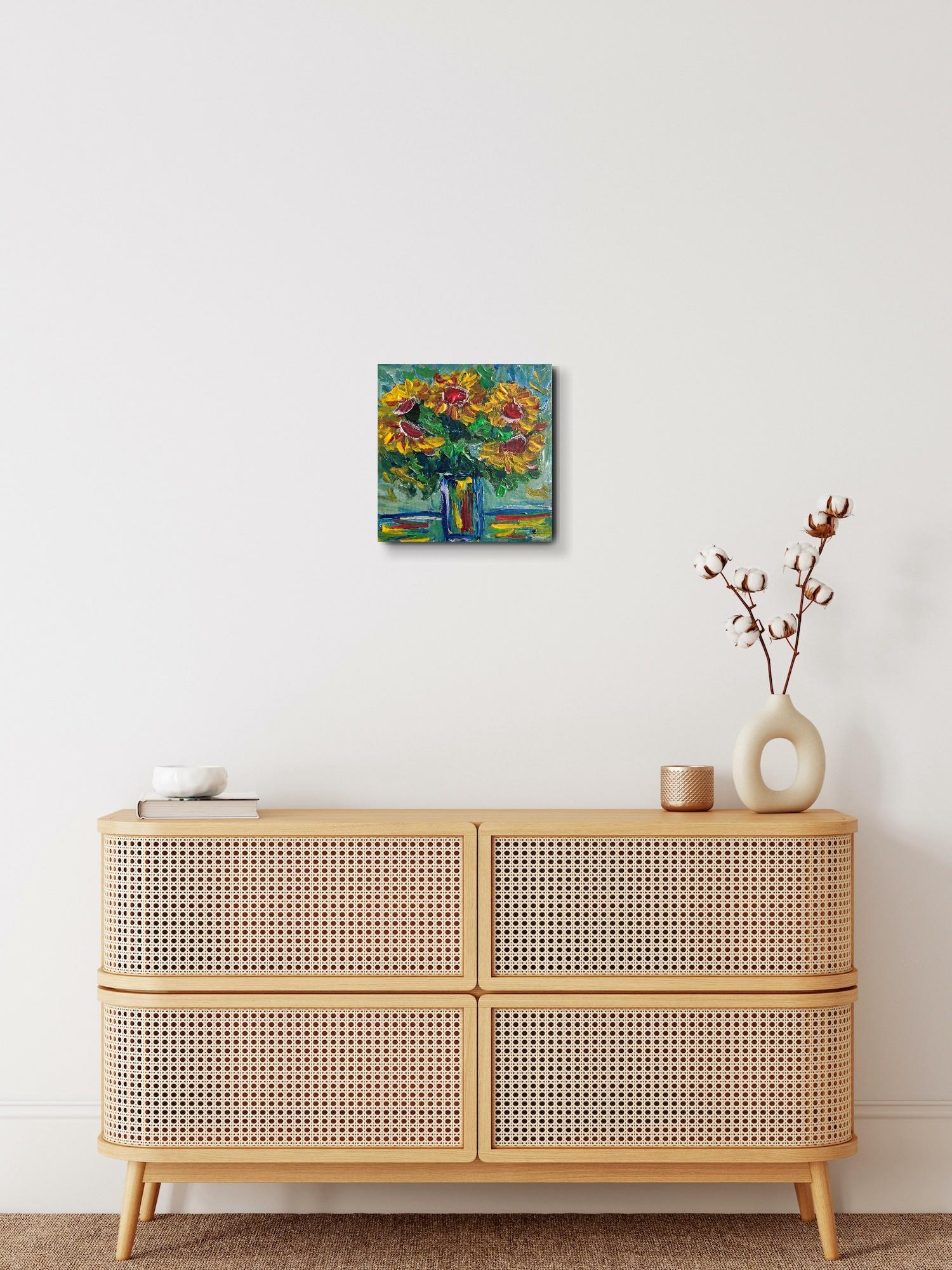 Este vibrante cuadro floral contemporáneo titulado 