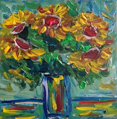 Peinture acrylique florale expressionniste sur toile « Tournesols ensoleillés »