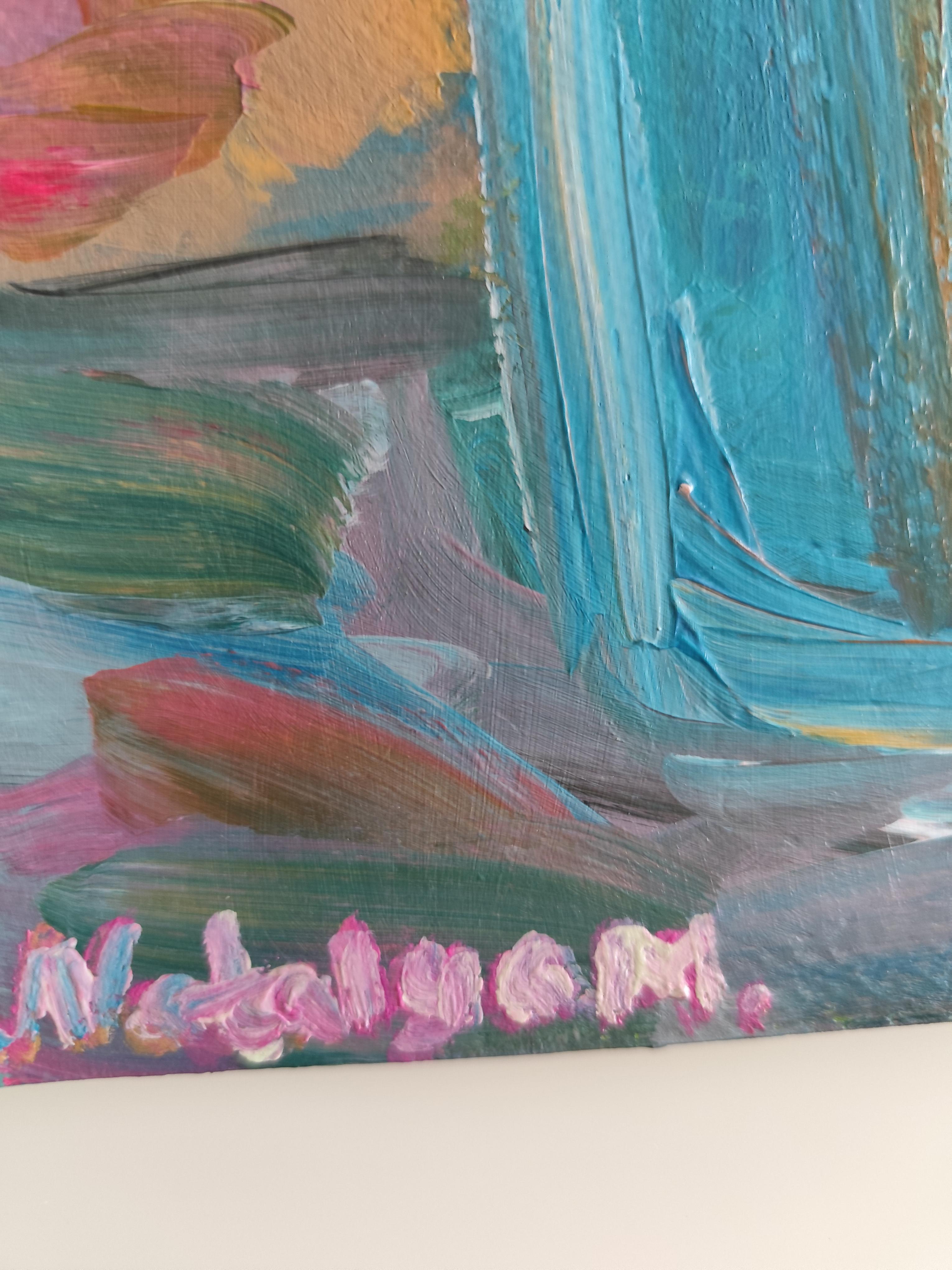 Pittura acrilica floreale impressionista su carta 