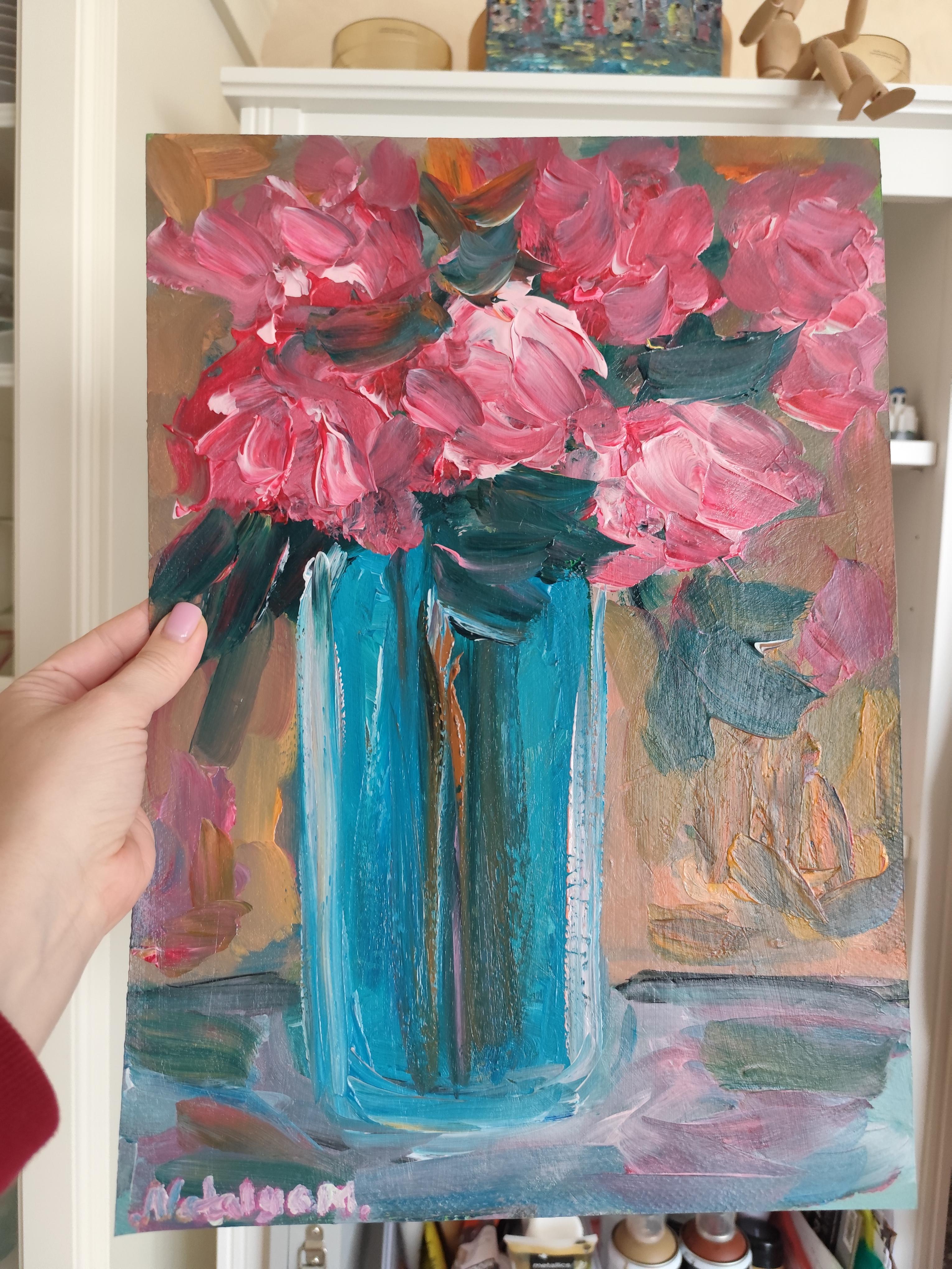 Pittura acrilica floreale impressionista su carta 