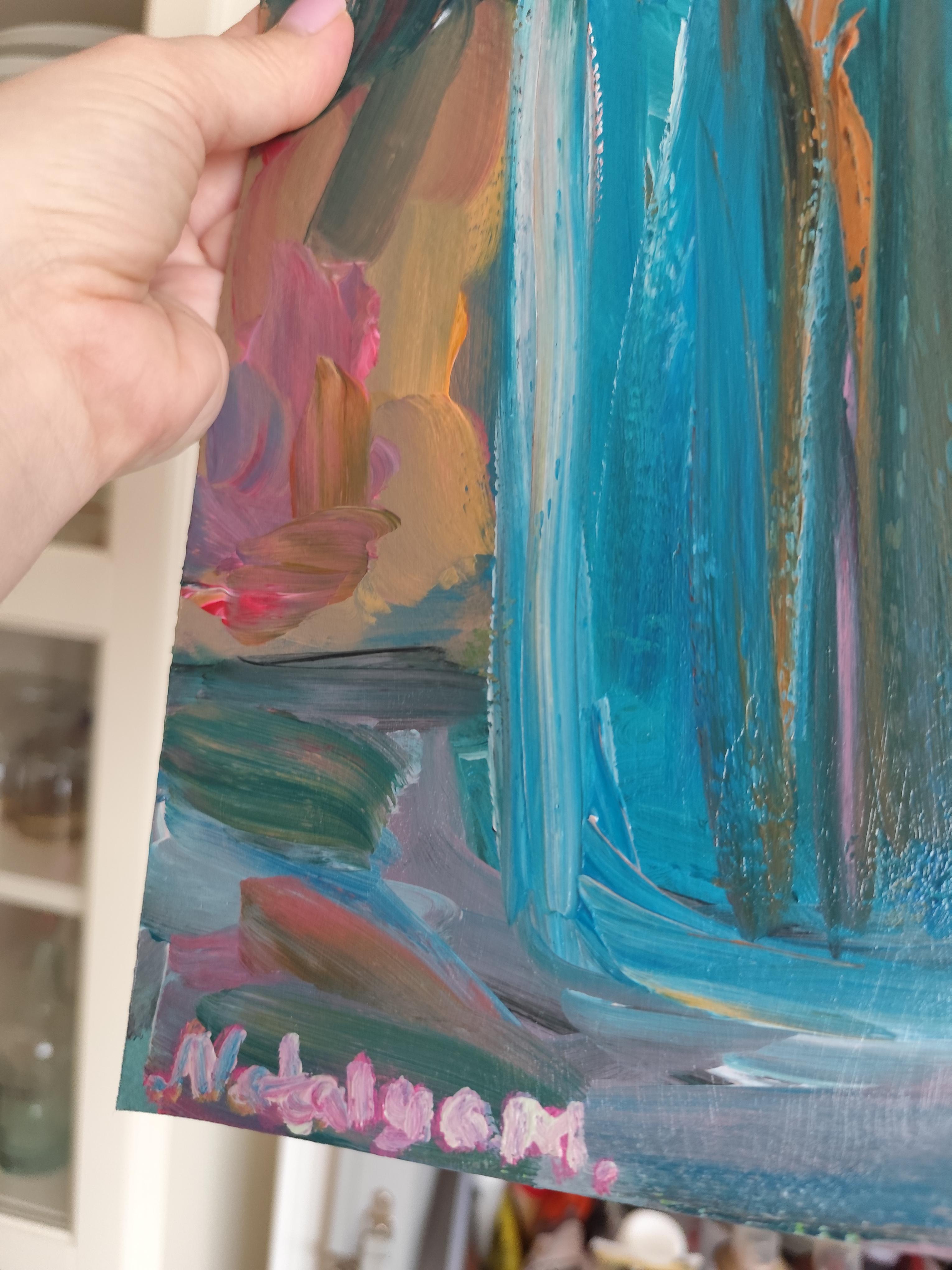 Pittura acrilica floreale impressionista su carta 