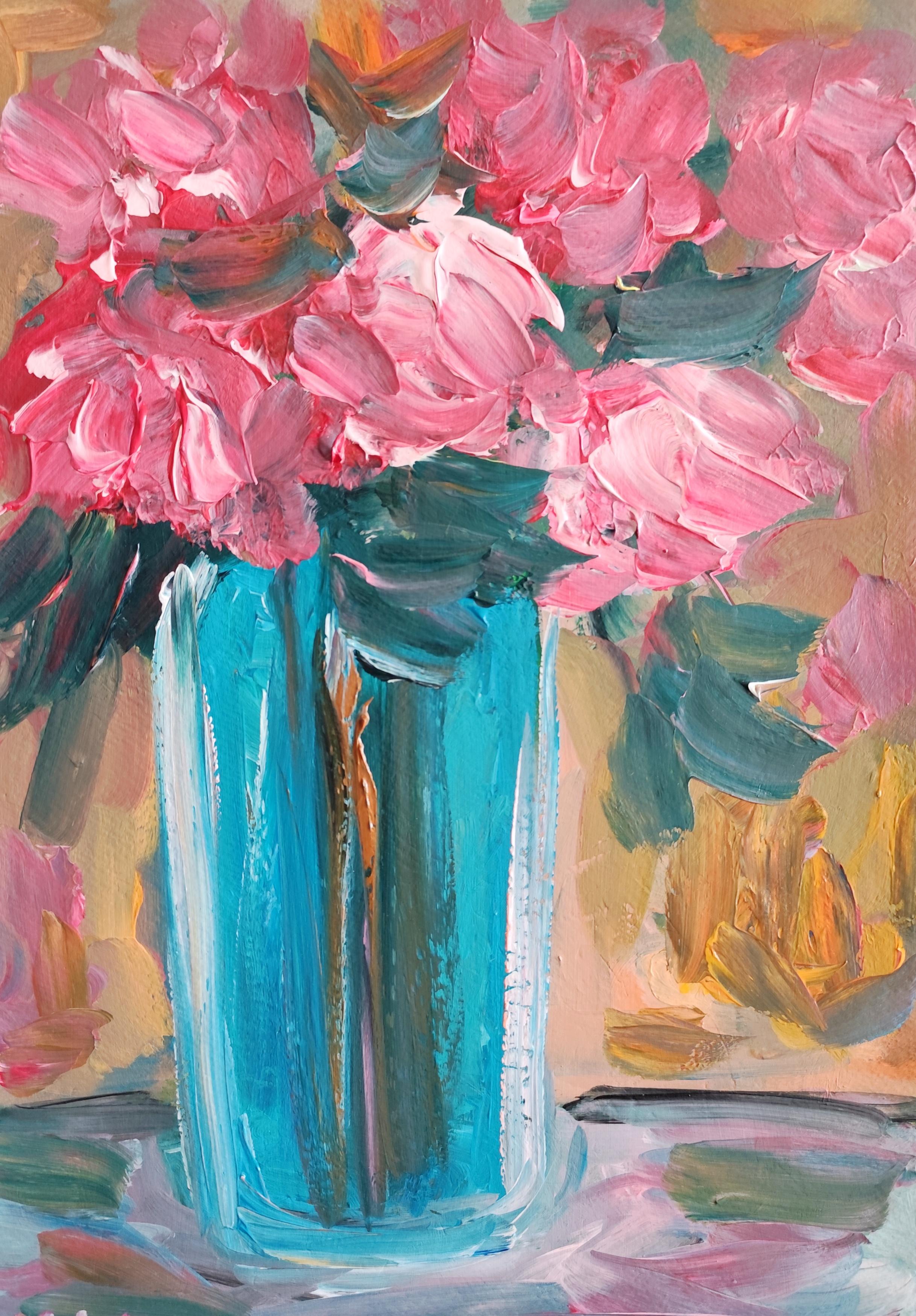 Pittura acrilica floreale impressionista su carta "Fiori di primavera".