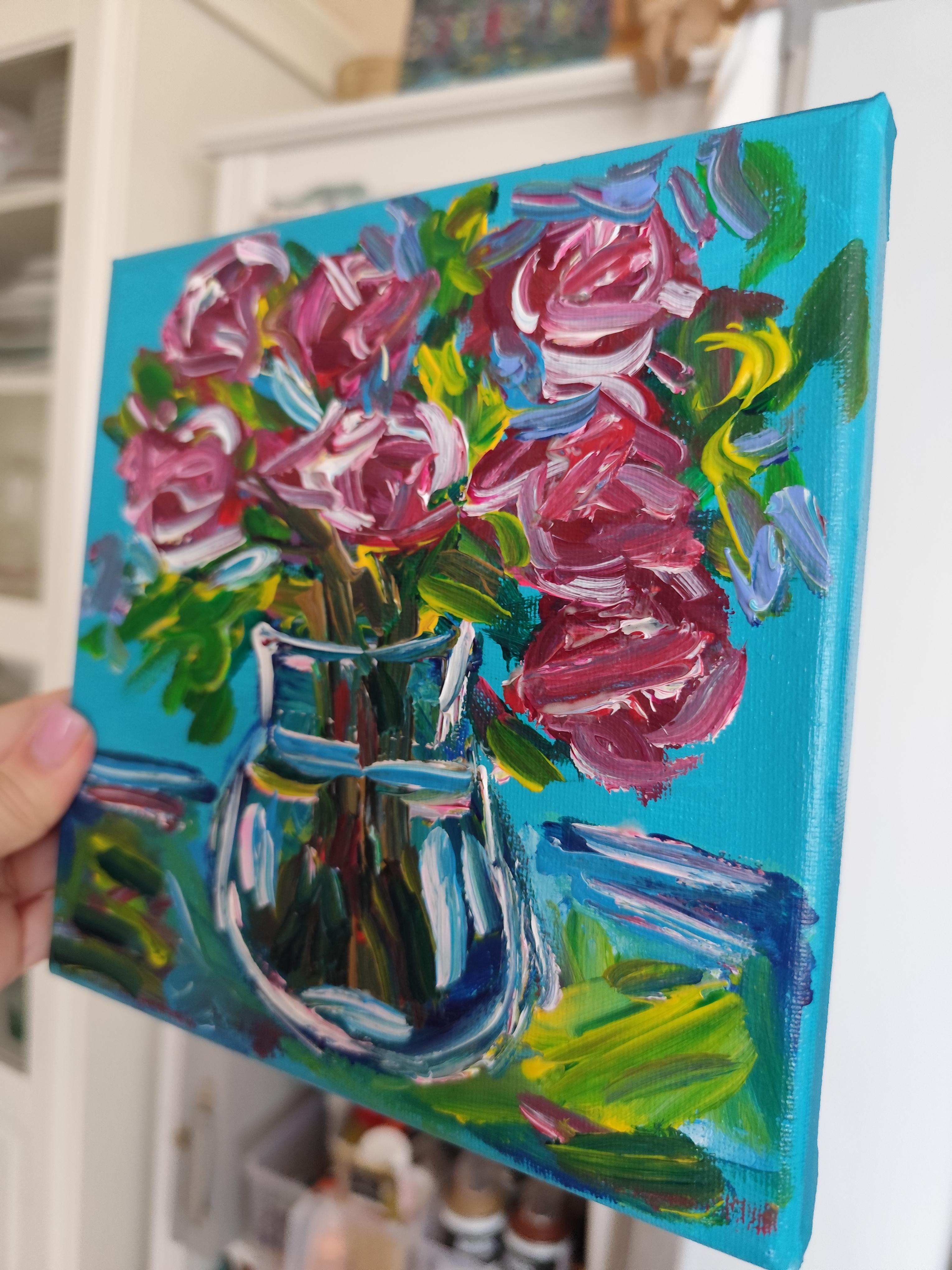 Espressivo bouquet di rose impressionista dipinto in acrilico su tela 