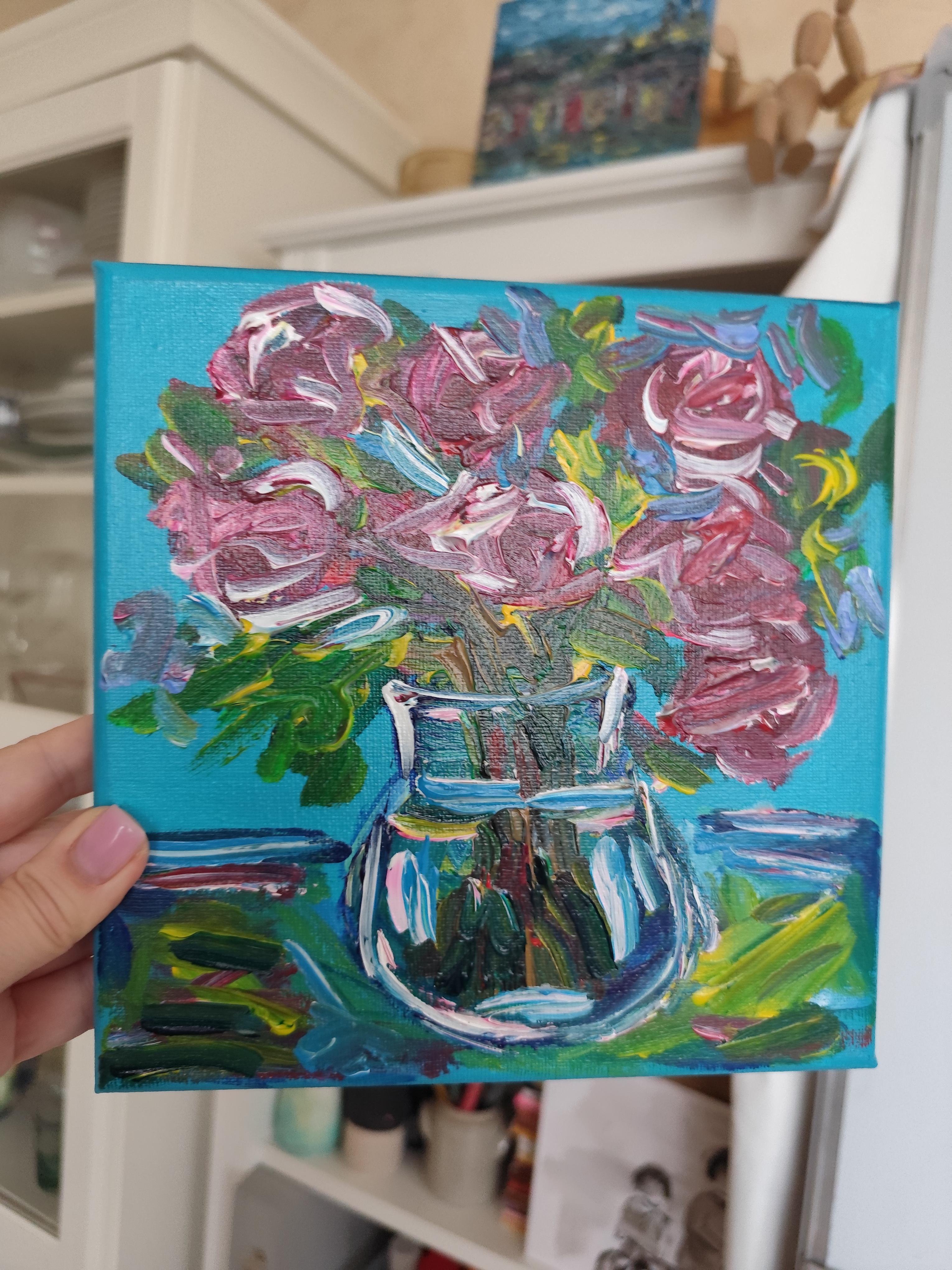 Espressivo bouquet di rose impressionista dipinto in acrilico su tela 