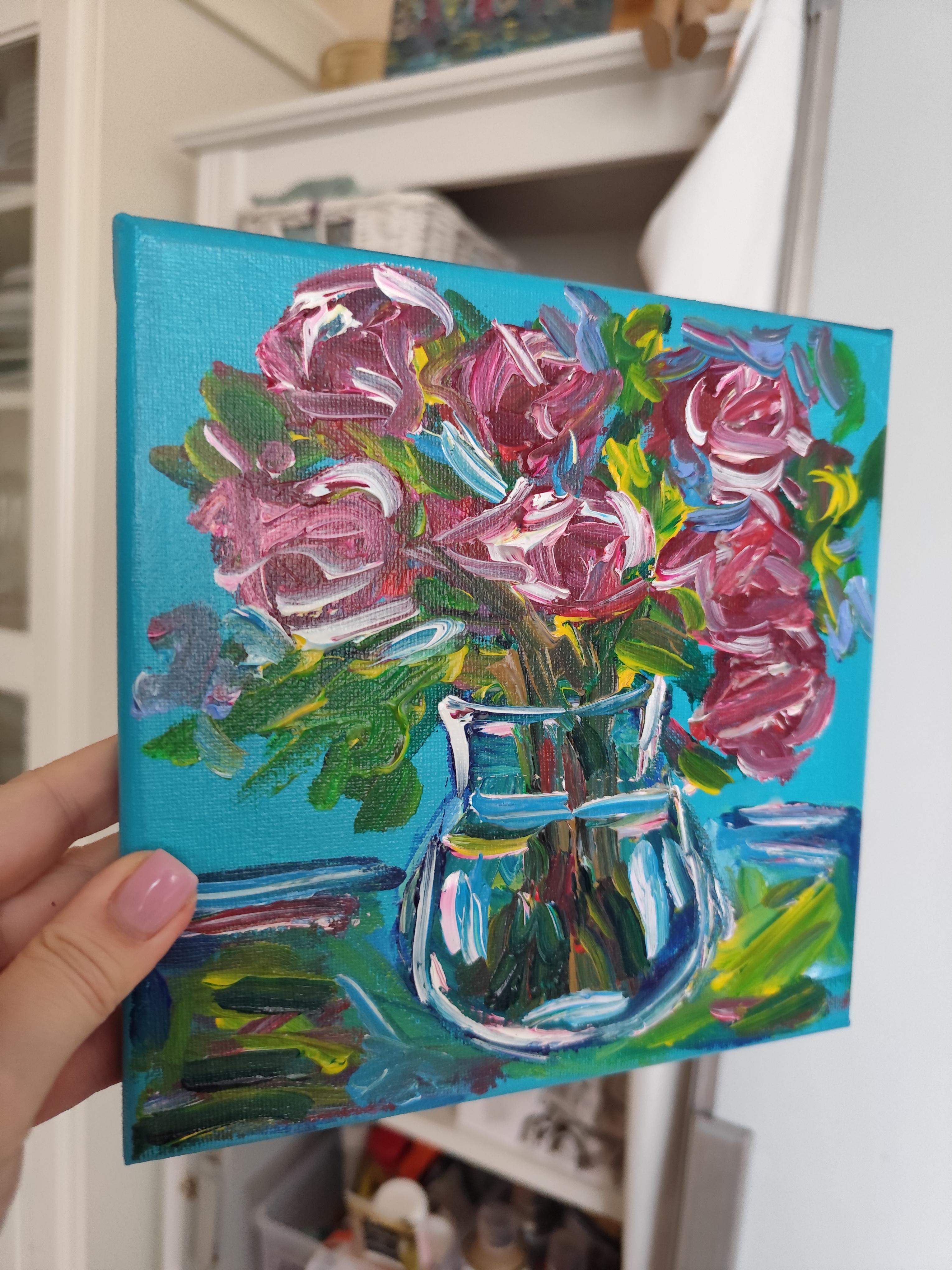 Espressivo bouquet di rose impressionista dipinto in acrilico su tela 