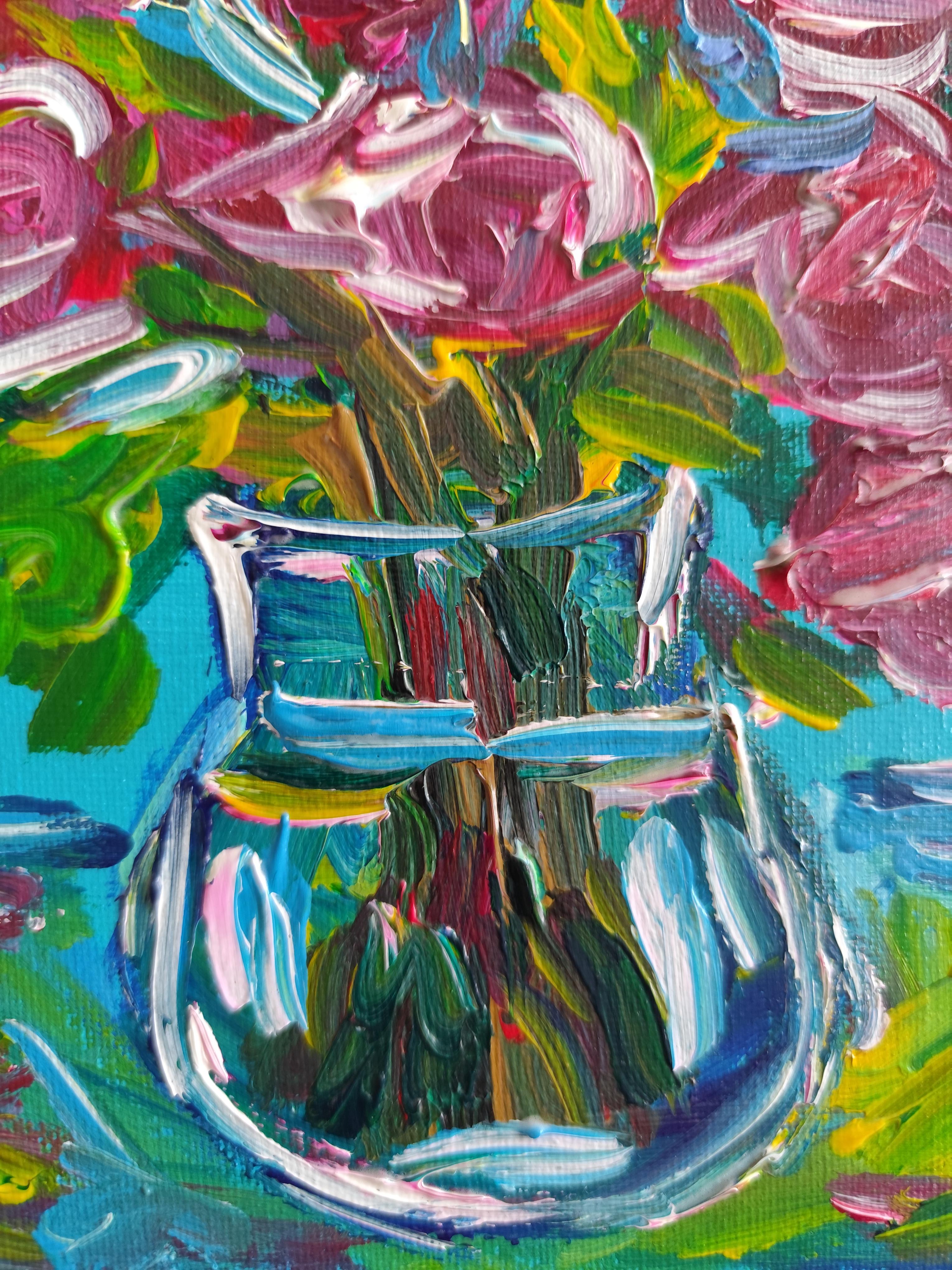 Espressivo bouquet di rose impressionista dipinto in acrilico su tela 
