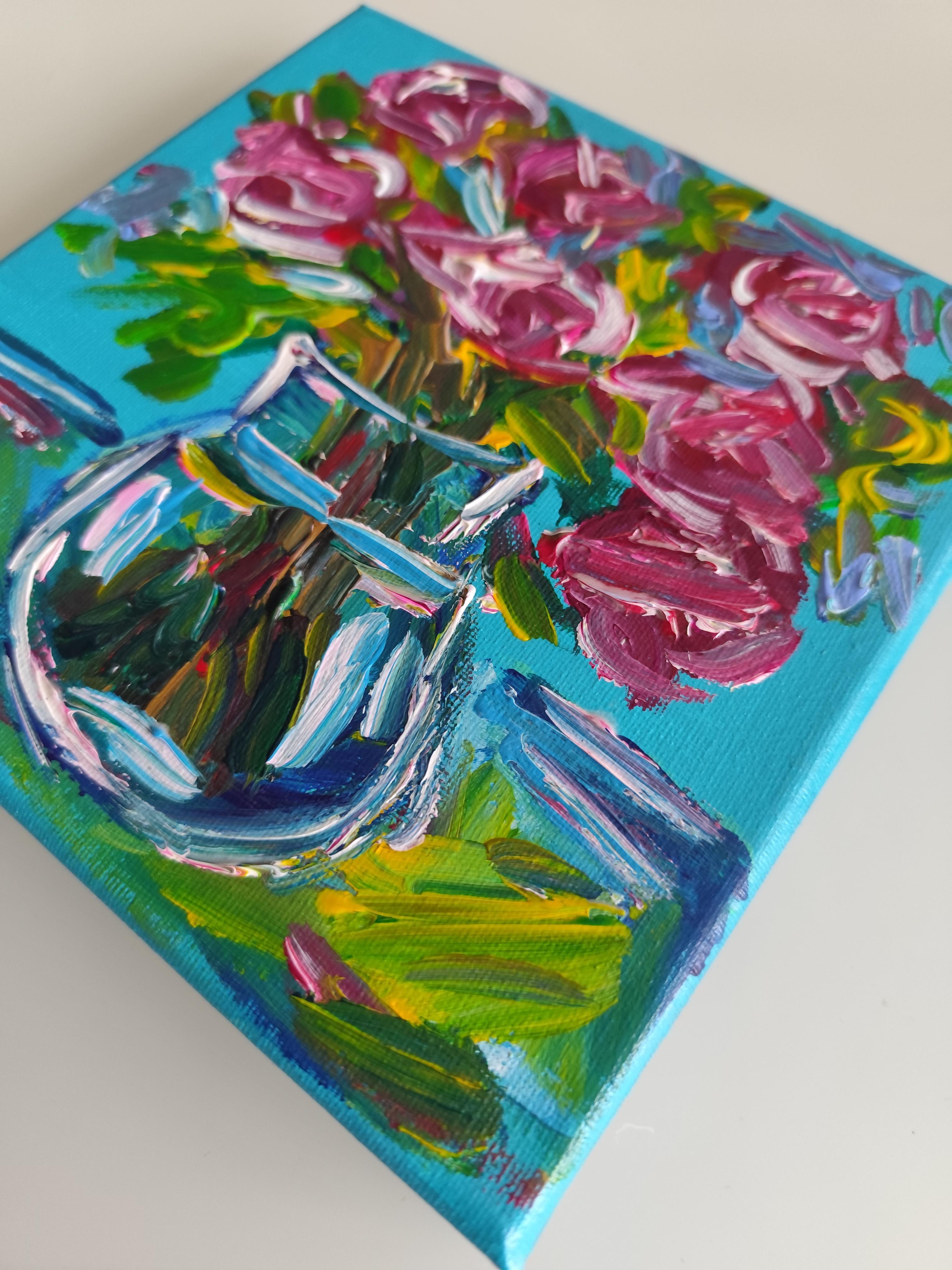 Espressivo bouquet di rose impressionista dipinto in acrilico su tela 