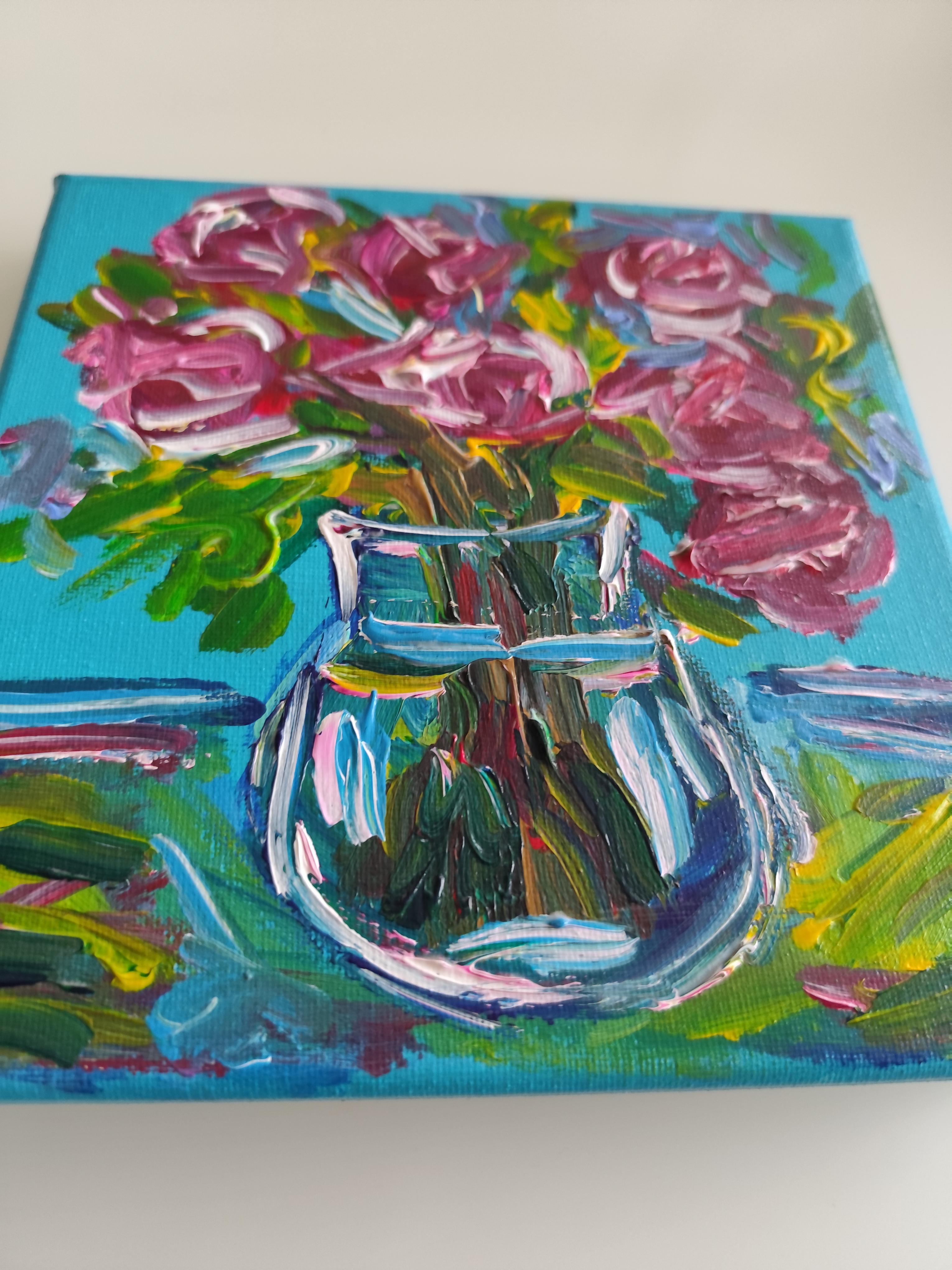 Espressivo bouquet di rose impressionista dipinto in acrilico su tela 