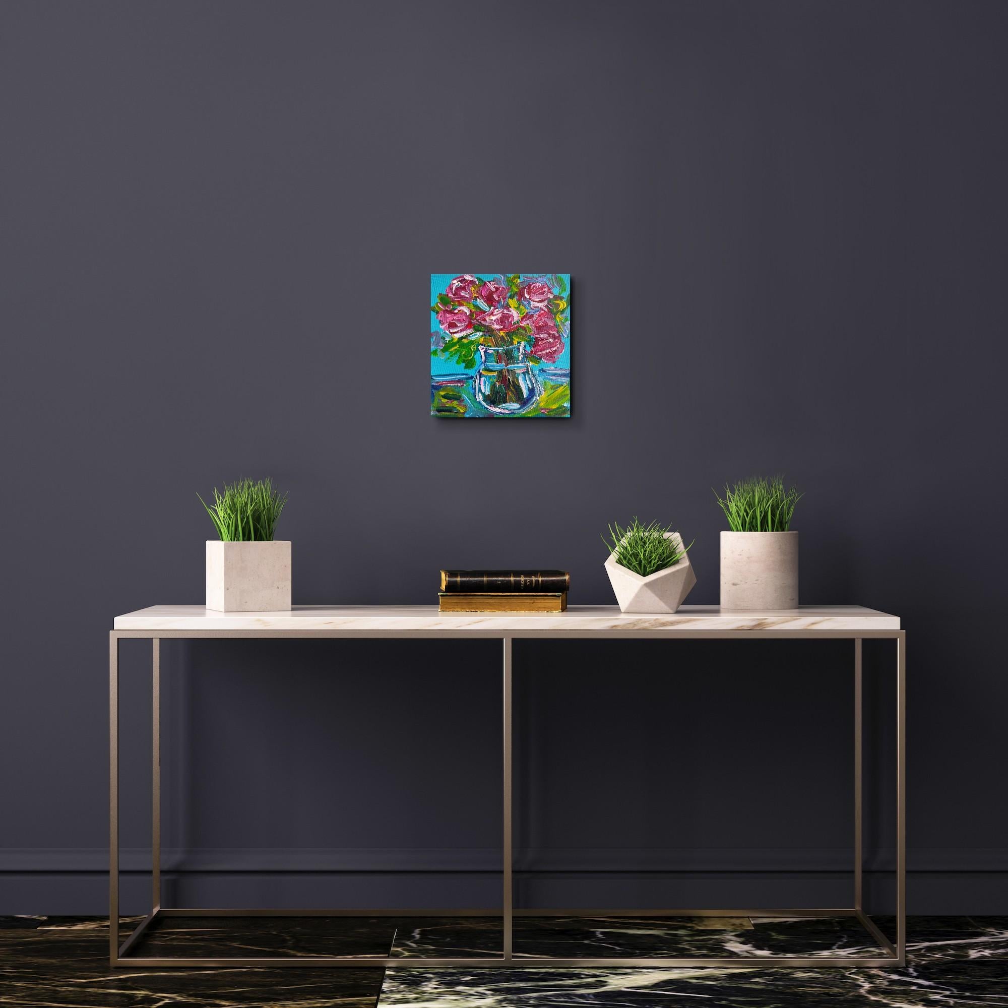 Questo quadro floreale contemporaneo, espressivo e vibrante che raffigura rose rosa è stato creato dall'artista francese Natalya Mougenot (nata in Kazakistan nel 1981 e residente in Francia da 20 anni). Conosciuta per le sue pennellate audaci e