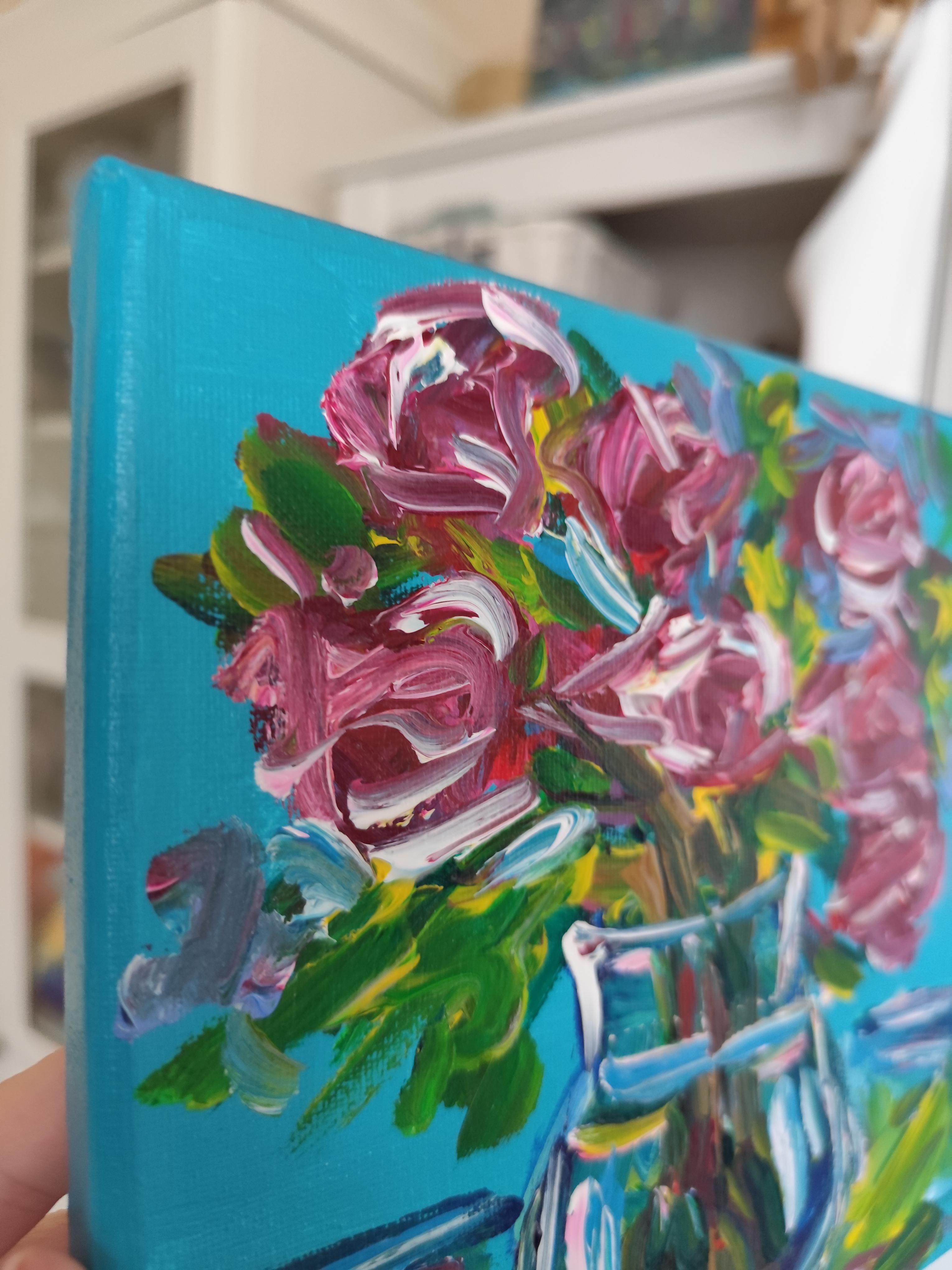 Espressivo bouquet di rose impressionista dipinto in acrilico su tela 