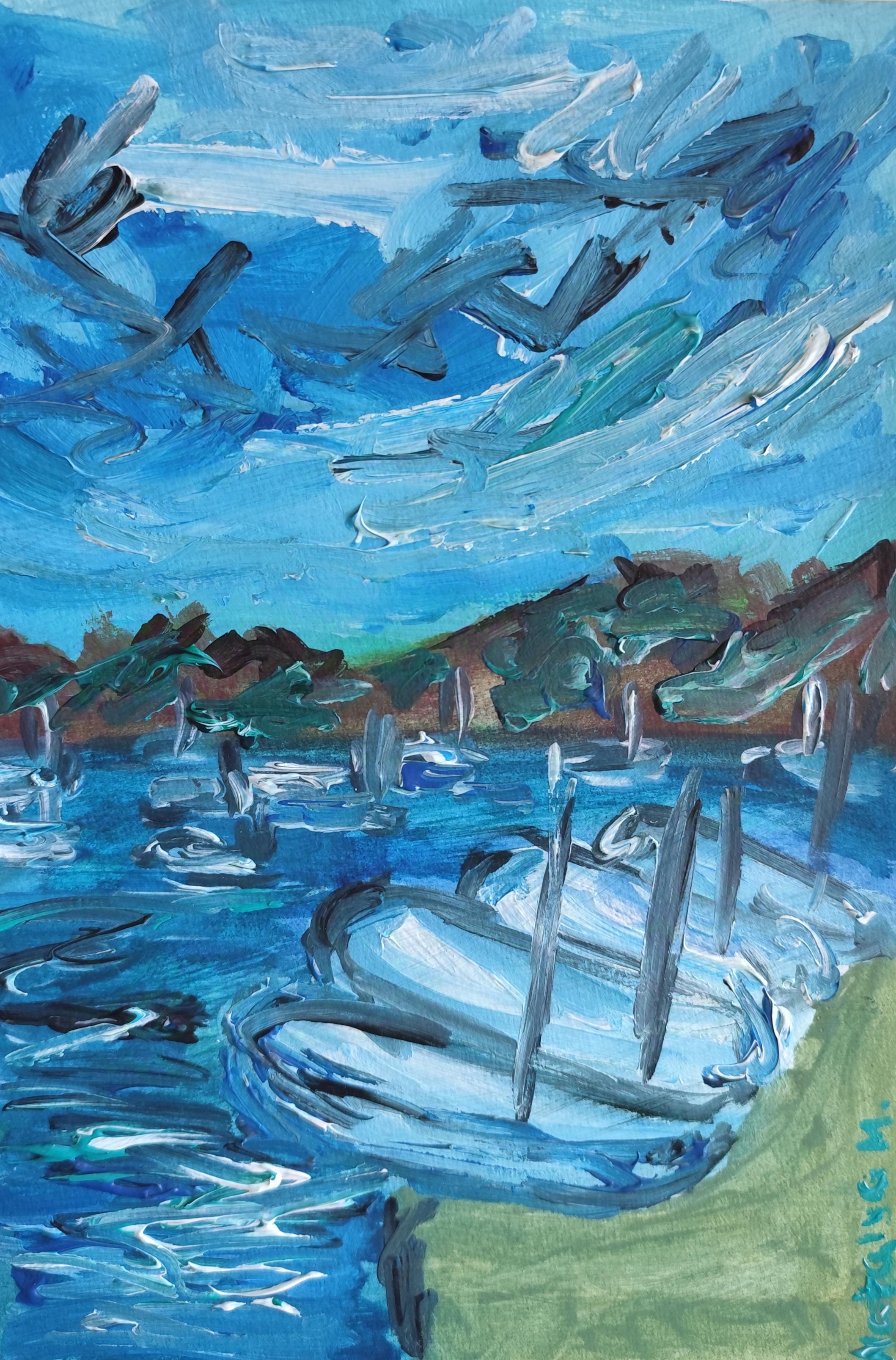 "Pueblo de pescadores"  ( paisaje marino y barcos pintura acrílica sobre lienzo)