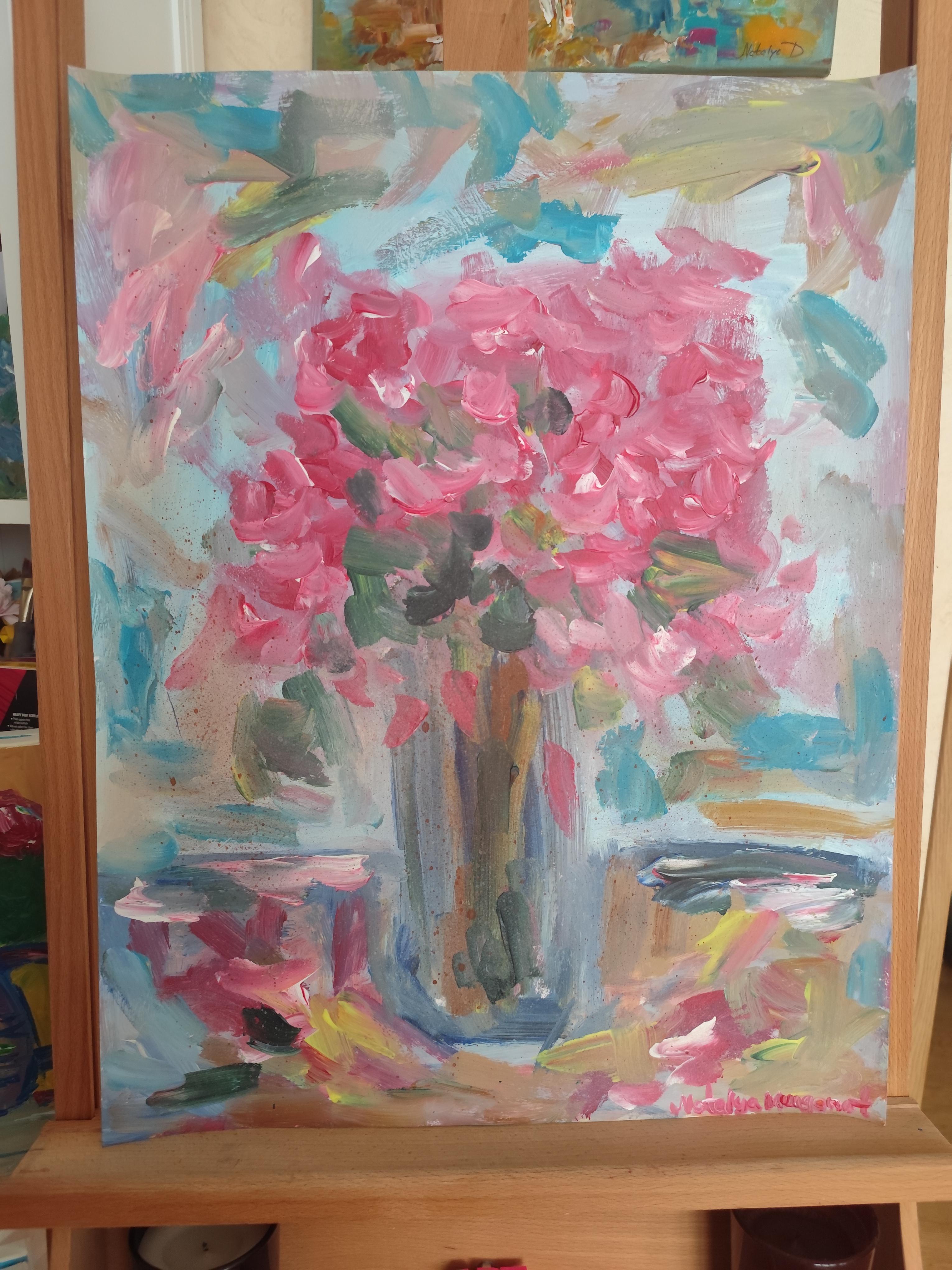 Abstrakt-impressionistische, ausdrucksstarke Blumen, Acryl auf Papier, „Floral Inspiration“ im Angebot 5