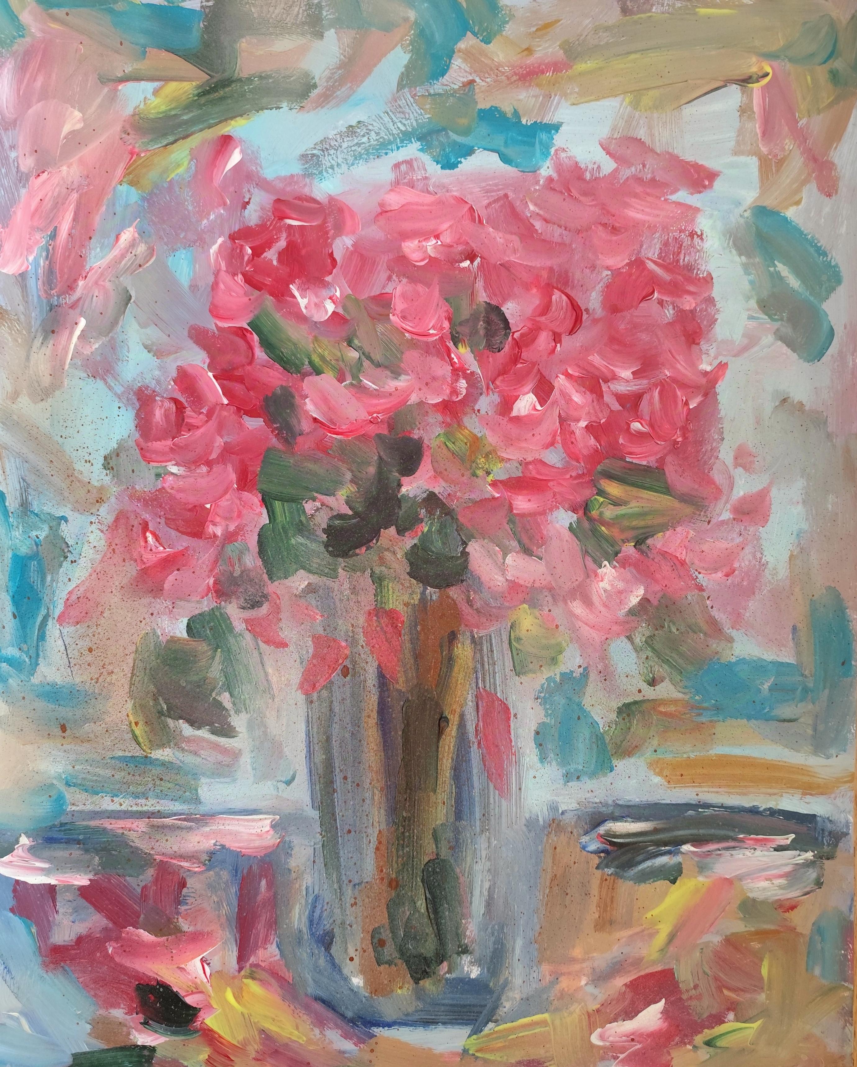 Mougenot Natalya Still-Life Painting – Abstrakt-impressionistische, ausdrucksstarke Blumen, Acryl auf Papier, „Floral Inspiration“