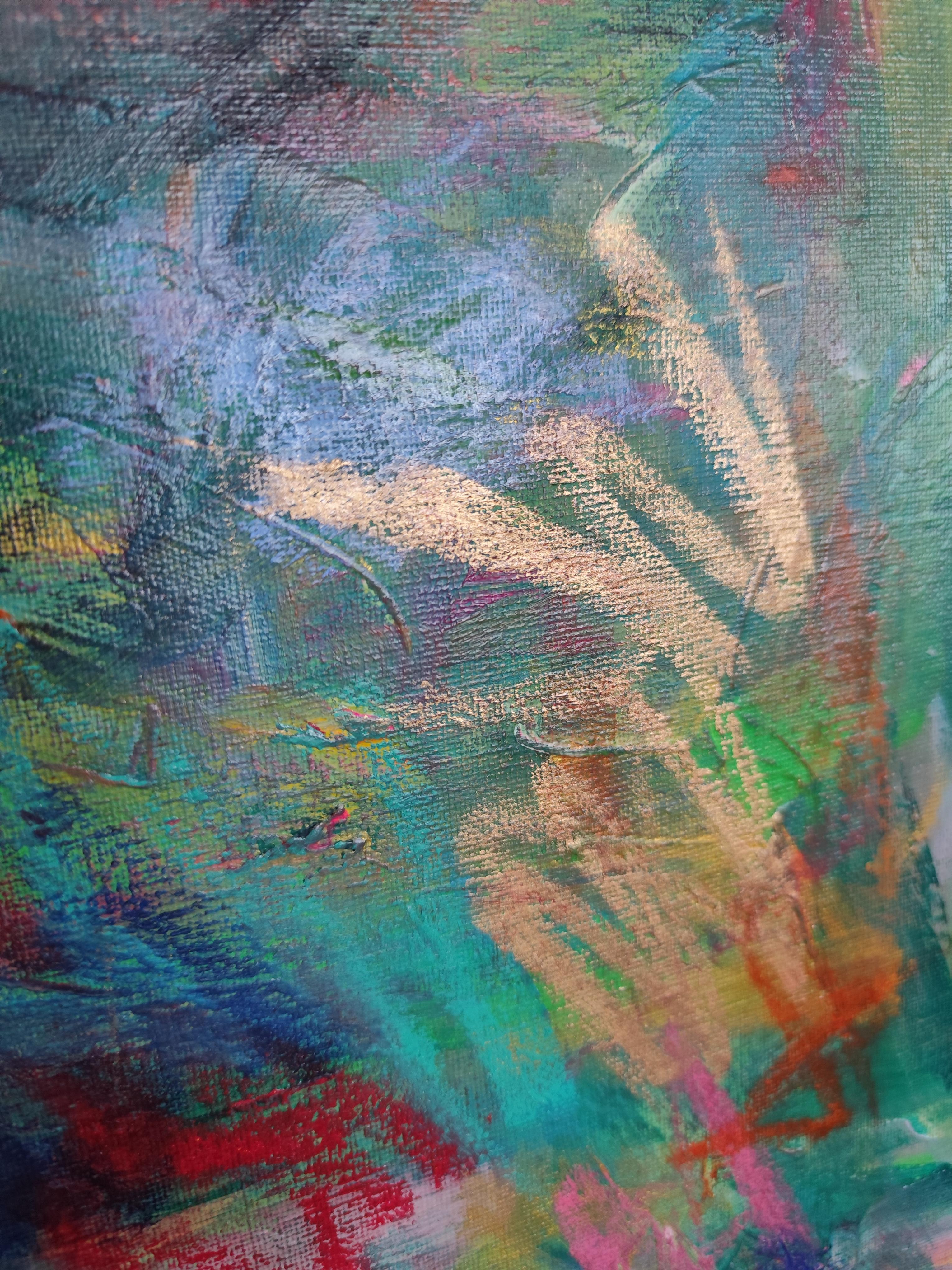 Pintura floral abstracta expresiva contemporánea sobre canas 