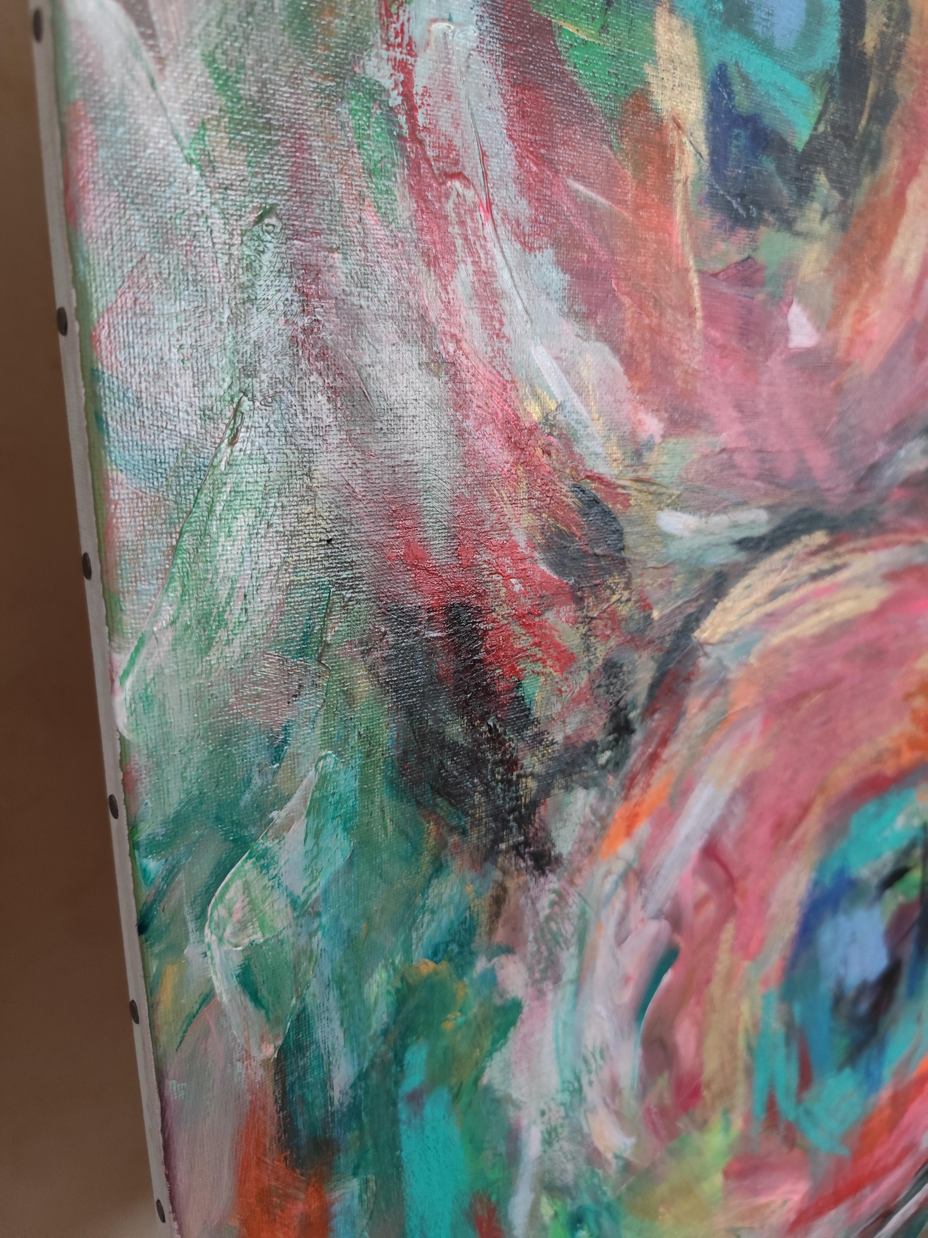 Pintura floral abstracta expresiva contemporánea sobre canas 