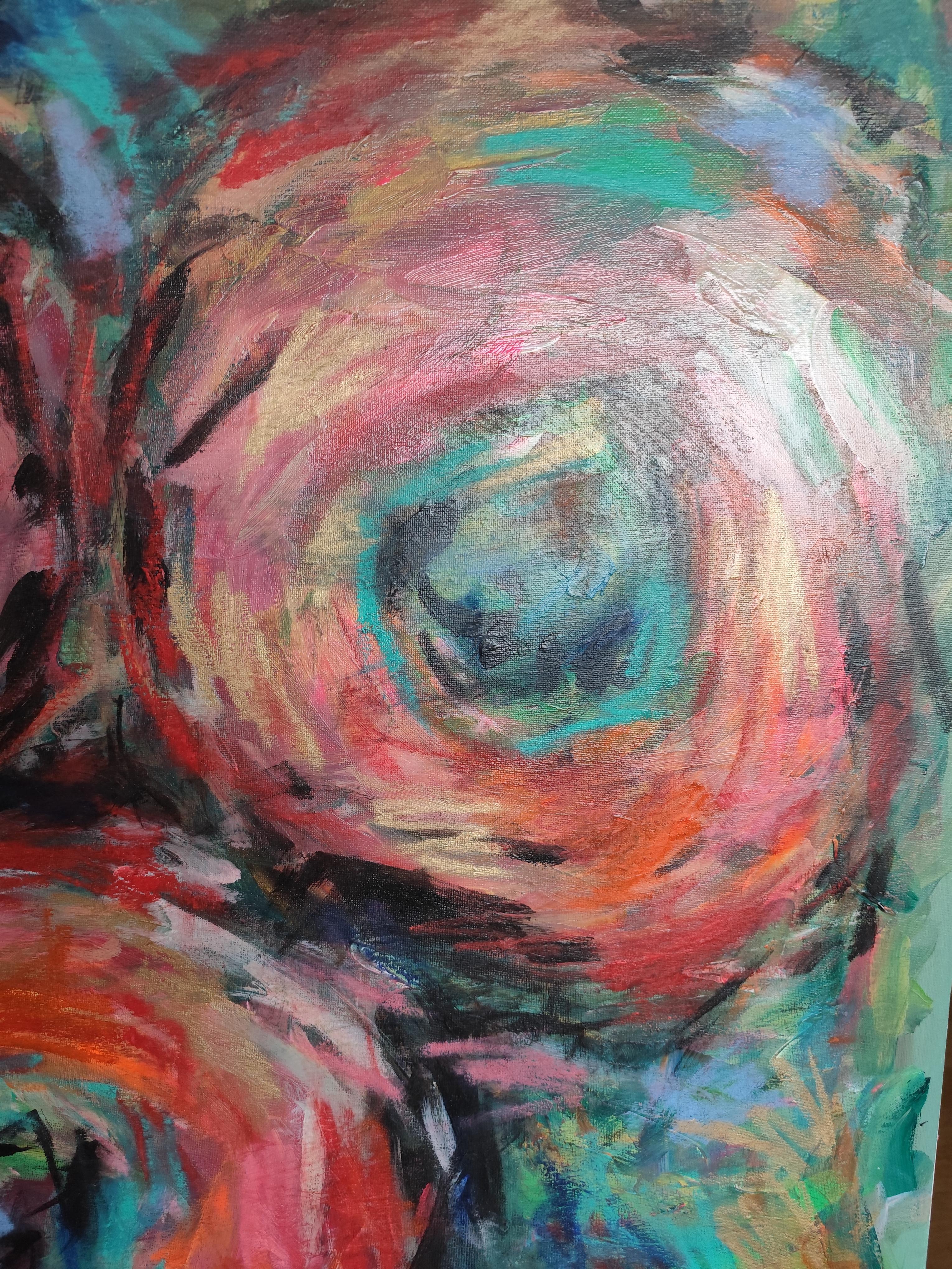 Pintura floral abstracta expresiva contemporánea sobre canas 