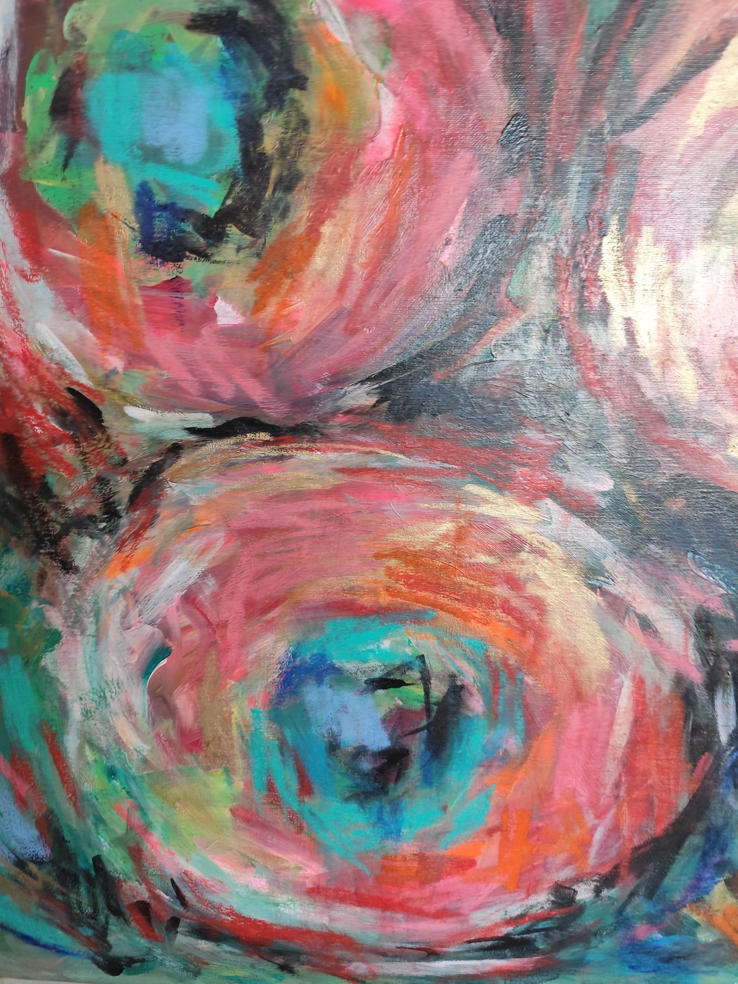 Pintura floral abstracta expresiva contemporánea sobre canas 