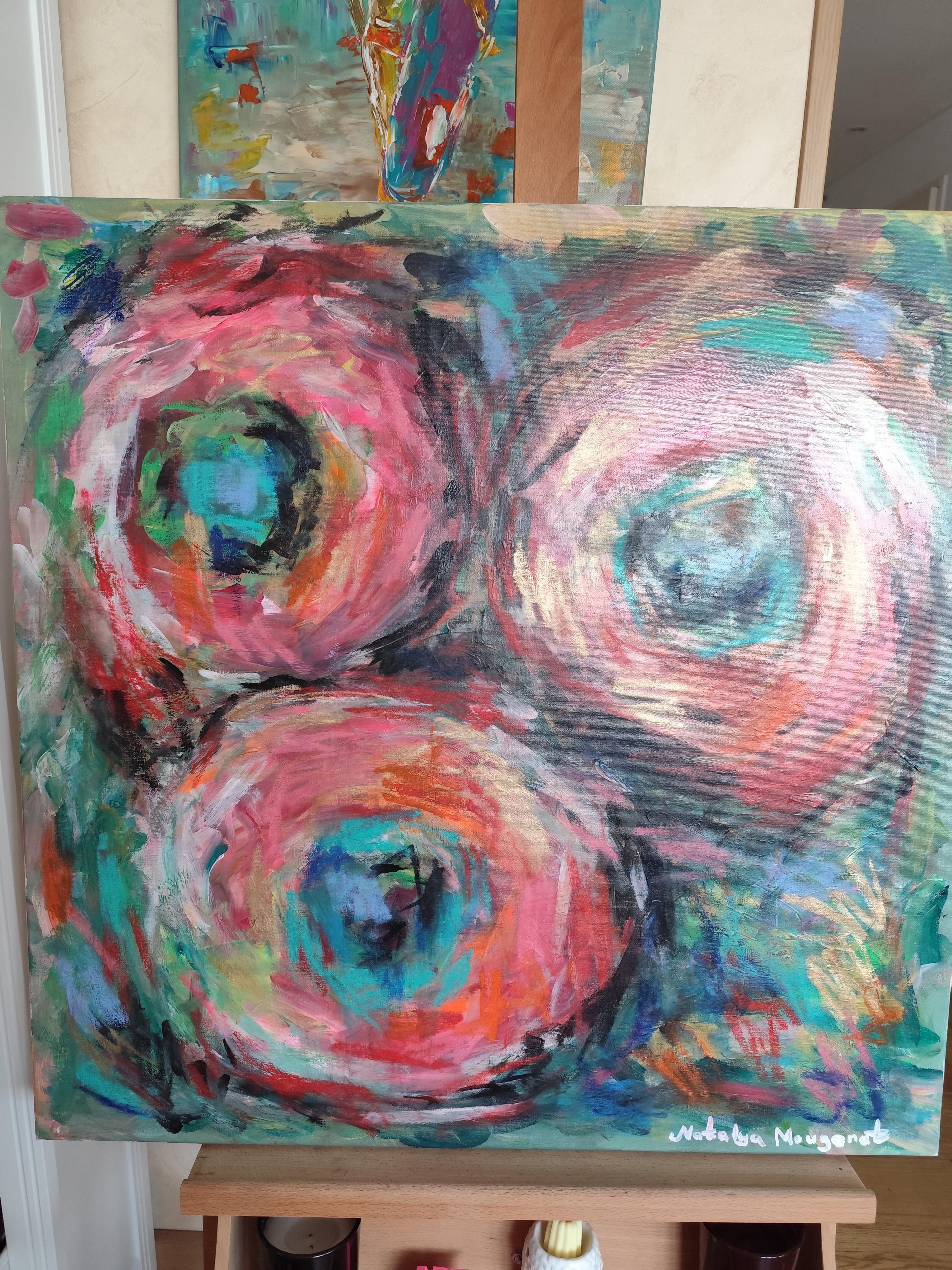 Pintura floral abstracta expresiva contemporánea sobre canas 