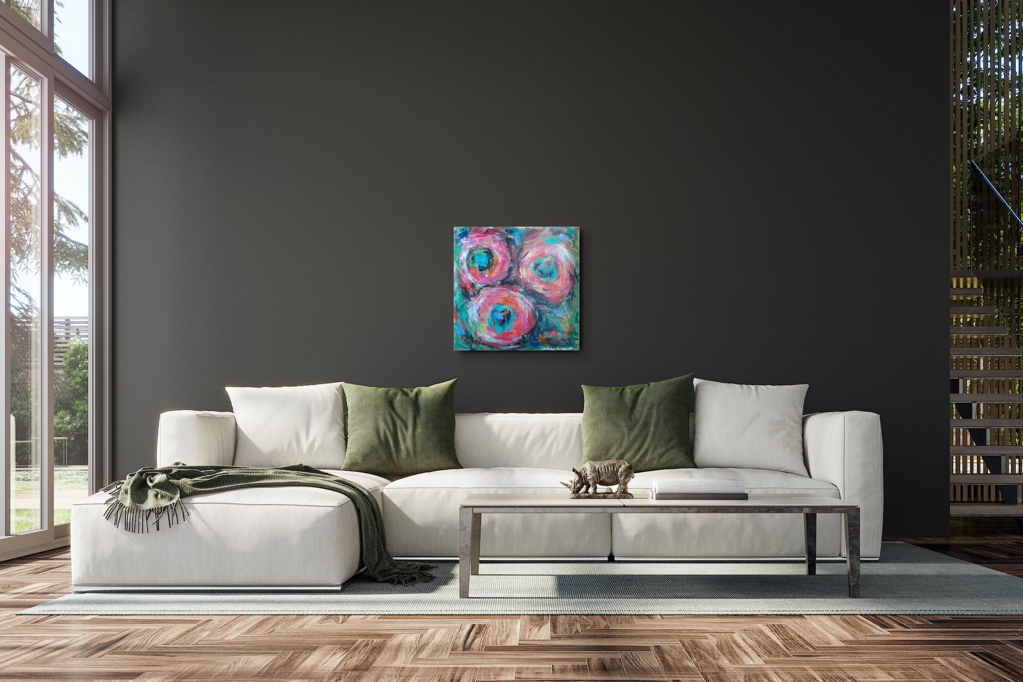 Pintura floral abstracta expresiva contemporánea sobre canas 