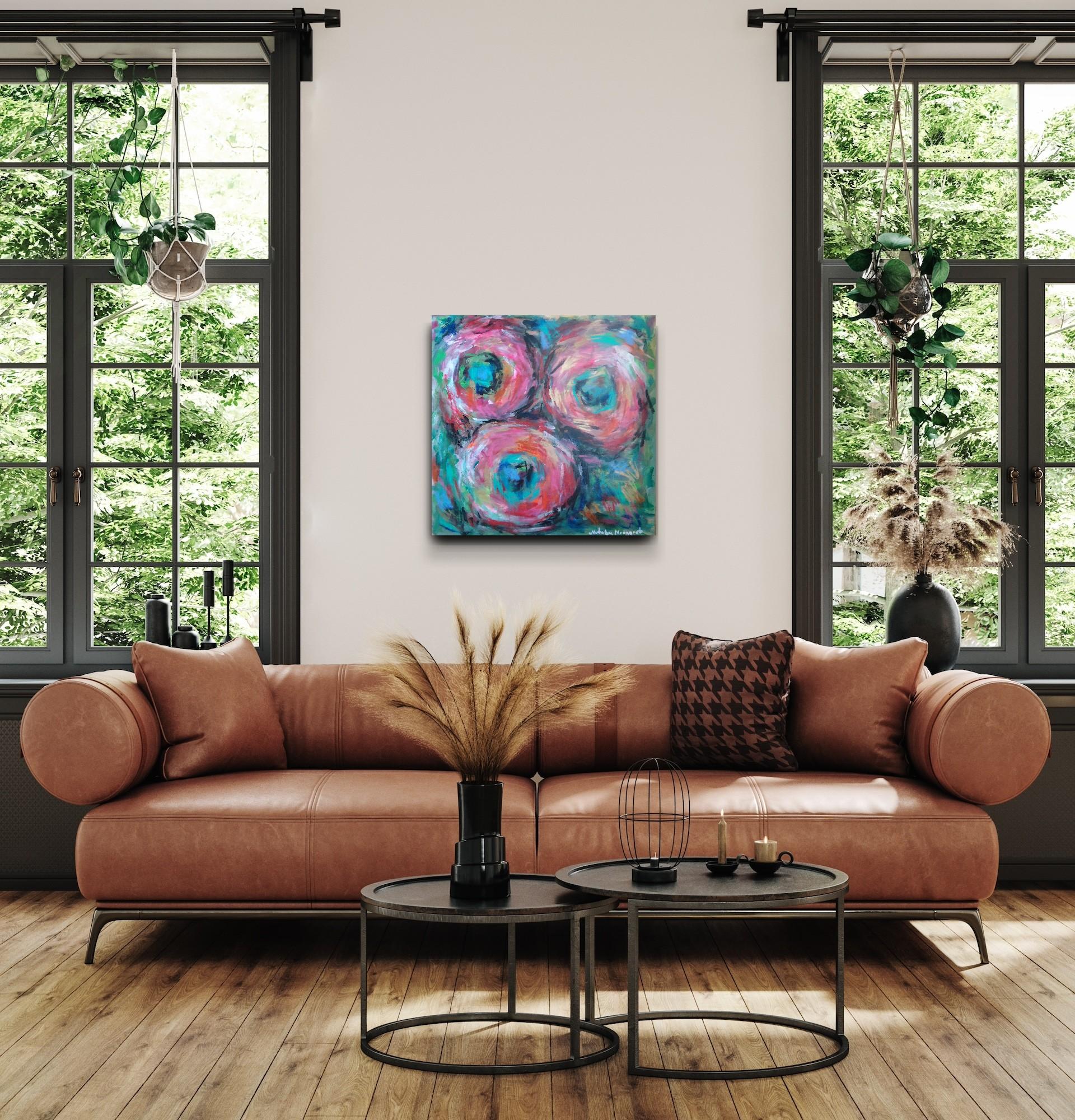 Pintura floral abstracta expresiva contemporánea sobre canas 