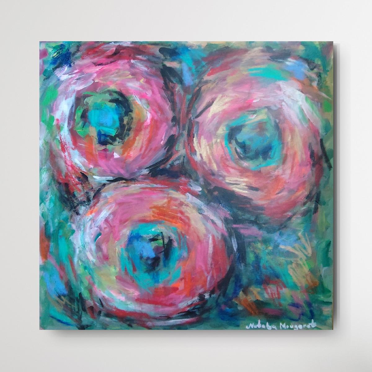 Pintura floral abstracta expresiva contemporánea sobre canas 