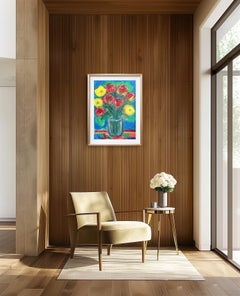 "Flower Echo" Peinture expressionniste grand format de nature morte de bouquet sur papier.