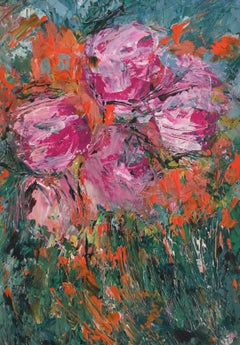 "Rosas en flor" ( pintura acrílica floral expresiva abstracta sobre papel)